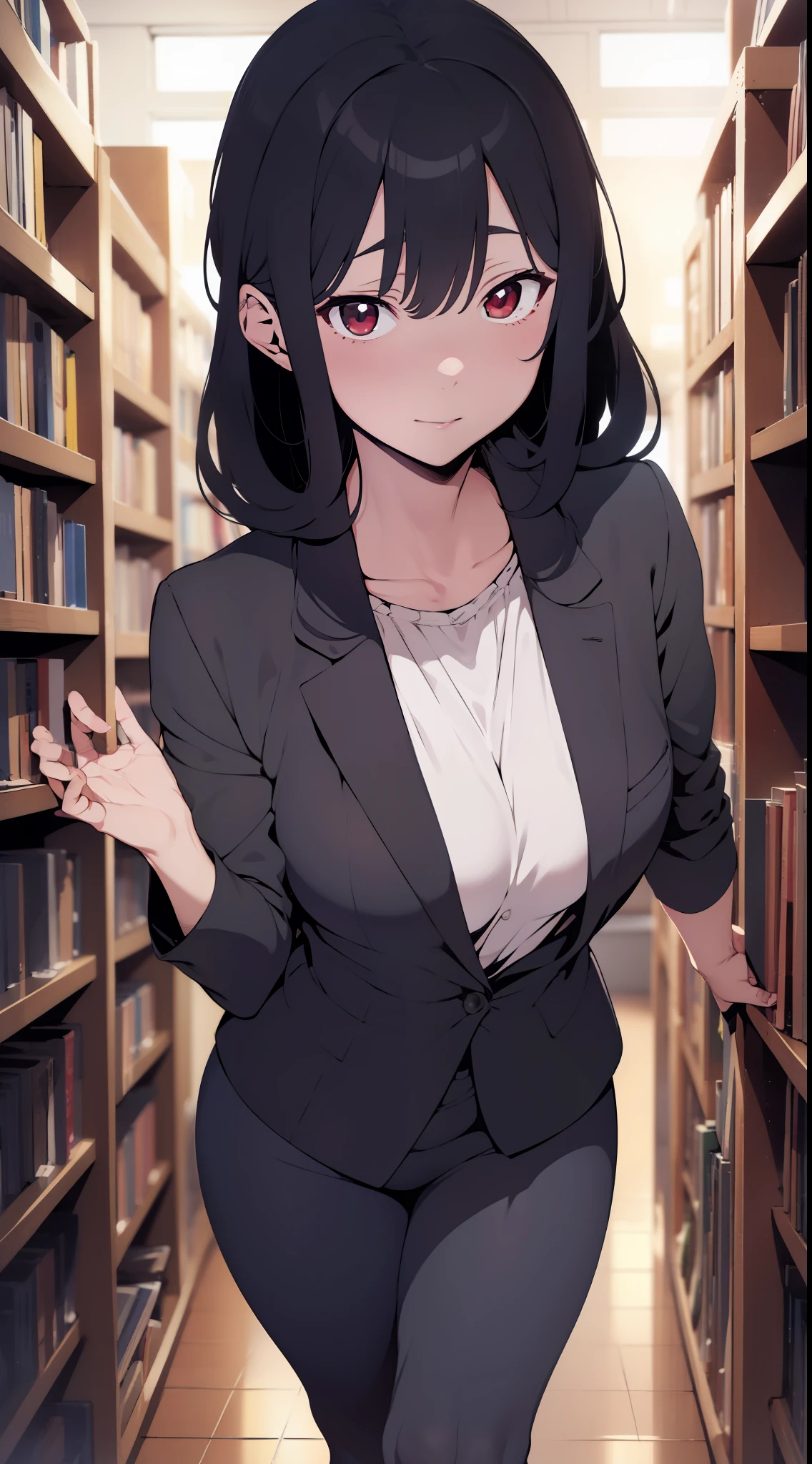 one woman,lightslategray suit,sexy pose,tiny breasts,tall of a person,gleaming skin,beautiful face,sharp eyes,cool face,long hair,wave hair,black hair,red eyes,library,illustration style,anime style,masterpiece, extremely fine and beautiful,illustration,adult woman