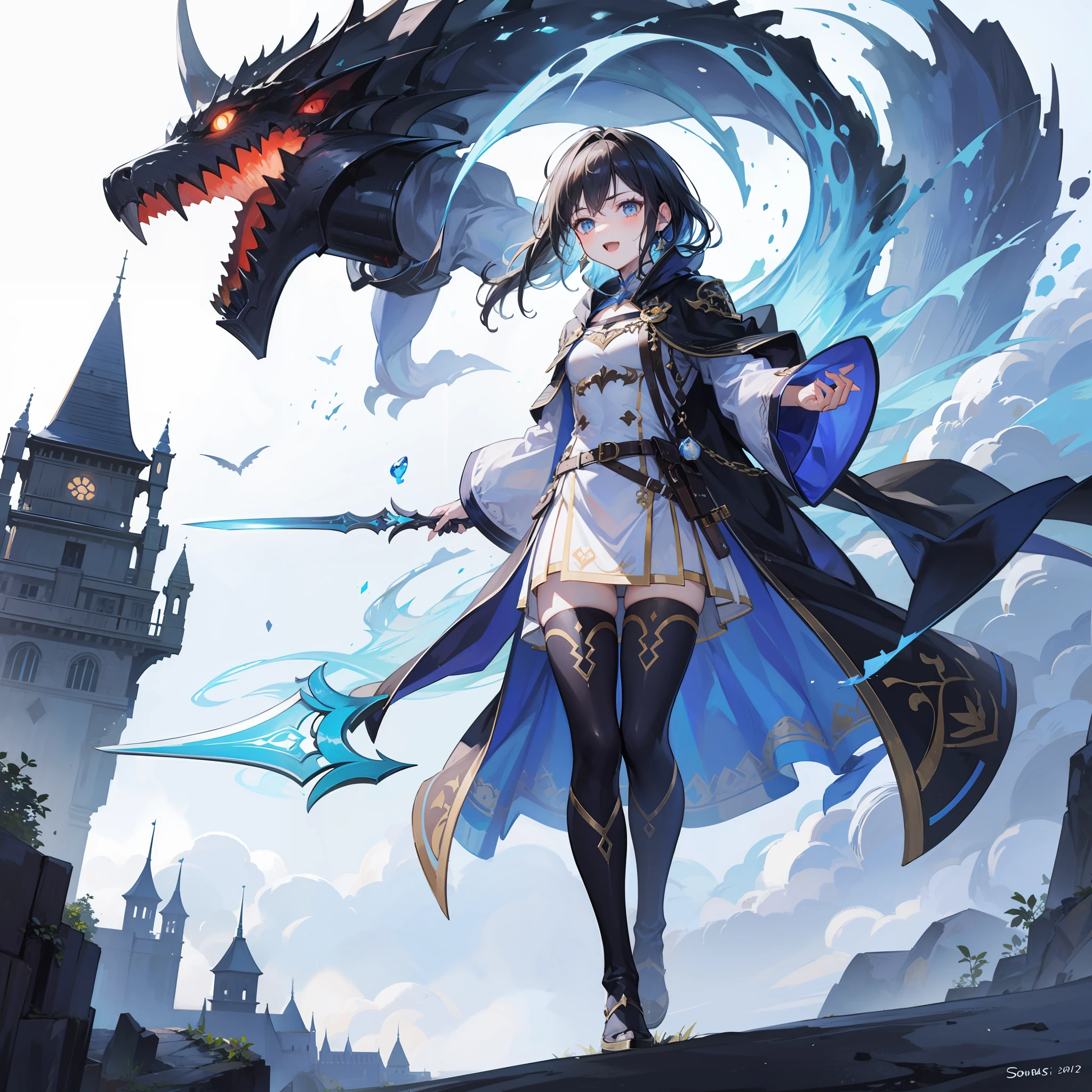 masterpiece, top-quality, One boy fights monsters、The brave、adventurer、Detailed and cheerful face、cheerful eyes、The brave、fights、Sword and sorcery fantasy、in isekai、(((Hold the magic sword)))、blue cloak、FULL BODYSHOT、Dynamic Poses、Dynamic angles、Old Castle of the West、Costume of the brave、hero、Midnight、Foggy、RPG、