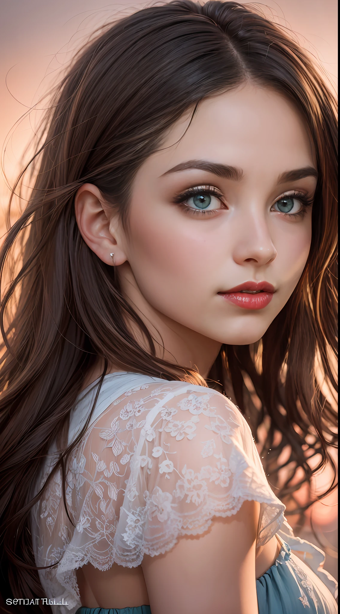 (masterpiece)portrait of, brown medium hair, transparen twhite clean skin, intense big blue-turquese eyes, heavy red lips, blushing, intricate artwork by boticelli, soft natural sunset light, 85m, accurate contrast, on her face delicate lights and shadows filtering heavenly radiosity.