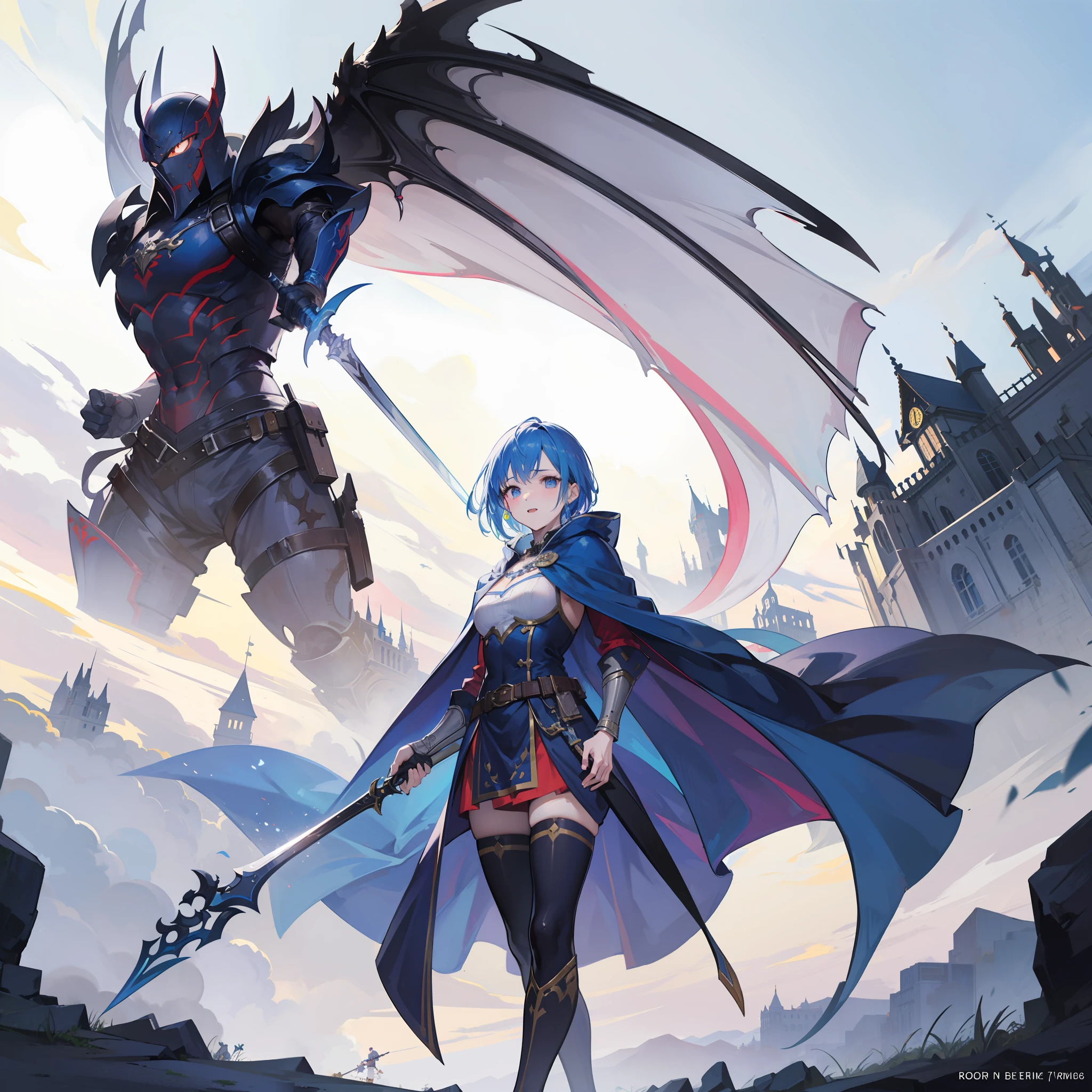 masterpiece, top-quality, One boy fights monsters、The brave、adventurer、Detailed and cheerful face、cheerful eyes、The brave、fights、Sword and sorcery fantasy、in isekai、(((Hold the magic sword)))、blue cloak、FULL BODYSHOT、Dynamic Poses、Dynamic angles、Old Castle of the West、Costume of the brave、hero、Midnight、Foggy、RPG、