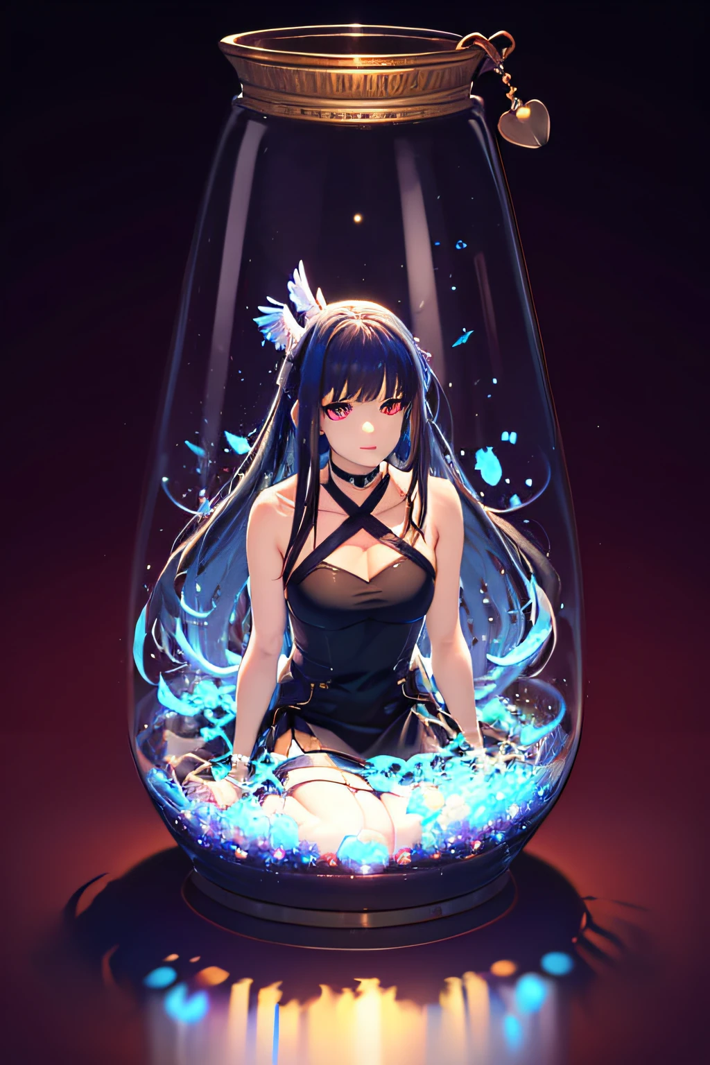 nffsw, cup, ((in container)), (masutepiece:1.6, Best Quality), (finely detailed beautiful eye: 1.2), phyami, Yami Yugi, 1girl in, Solo, Sitting, Black Hair, Long hair, Red Eyes, Black wings, Bare shoulders, Hair intake, 鎖骨, Choker,halterneck, Feathered wings, Collar, Anime coloring, hair between eye, criss-cross halter, Black Dress, Bangs, Very long hair, lightsmile, blue lights