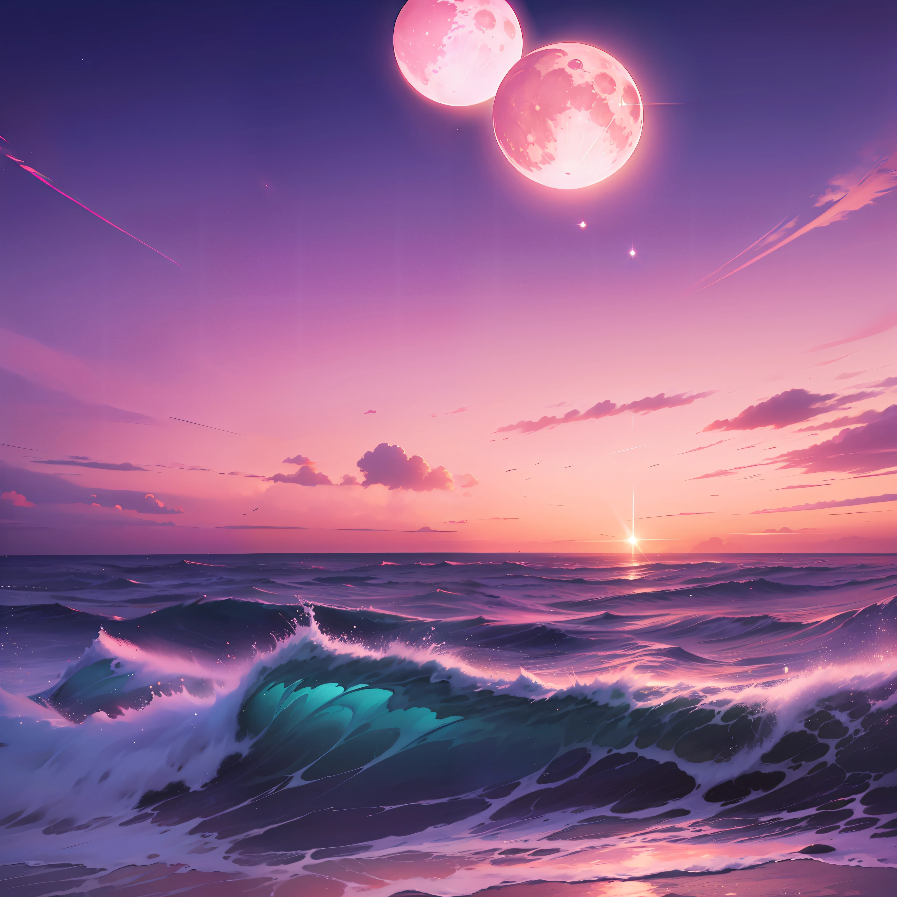 Pink moon, pink sky, pastel pink clouds, pink waves sparkling, sparkling, pink ocean, fantasy, soft lighting, ultra hd, realism, cinematic effects, lens flare