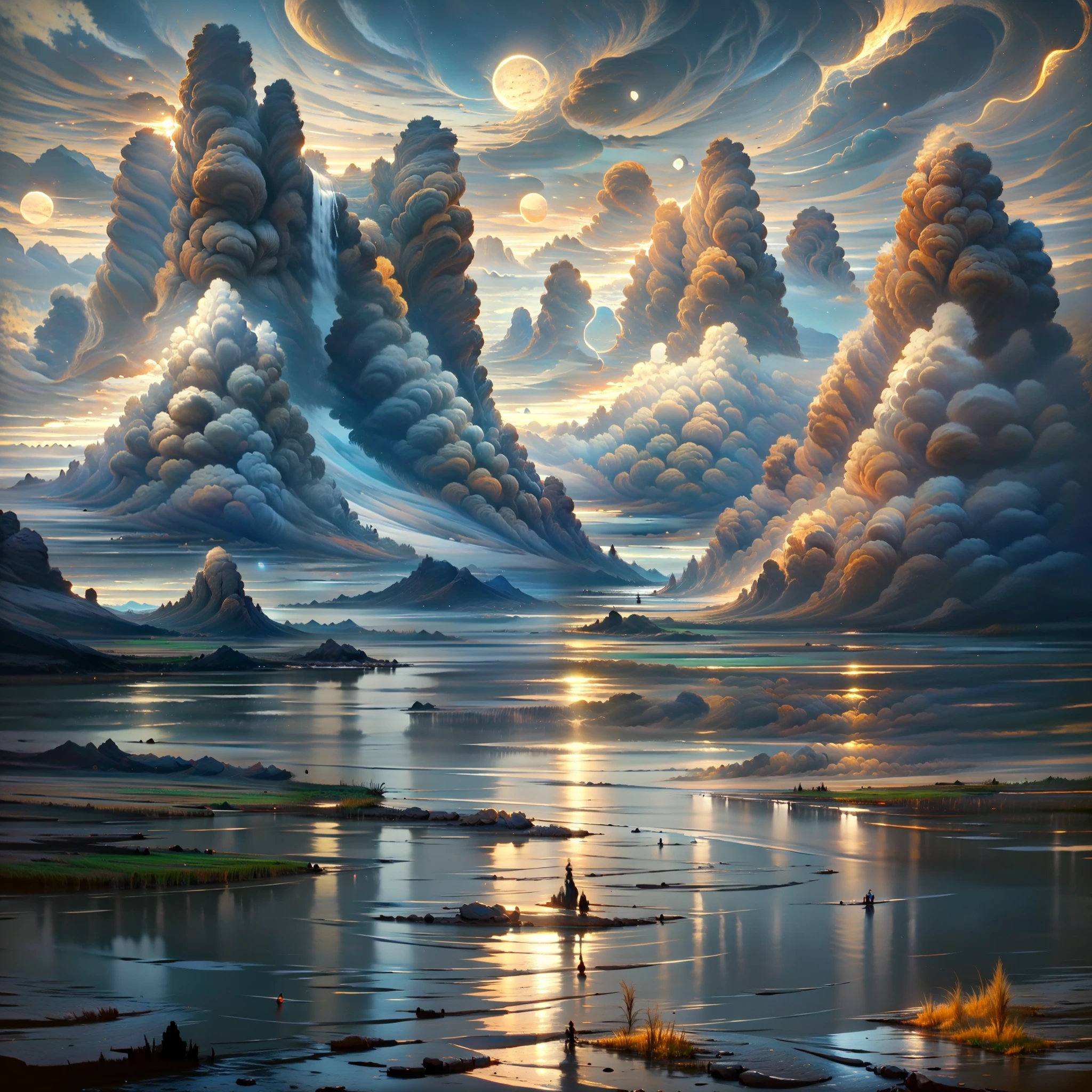 mountains and a lake with a moon in the sky, 4k highly detailed digital art, 4 k hd wallpaper very detailed, impressive fantasy landscape, sci-fi fantasy desktop wallpaper, unreal engine 4k wallpaper, 4k detailed digital art, sci-fi fantasy wallpaper, epic dreamlike fantasy landscape, 4k hd matte digital painting, 8k stunning artwork