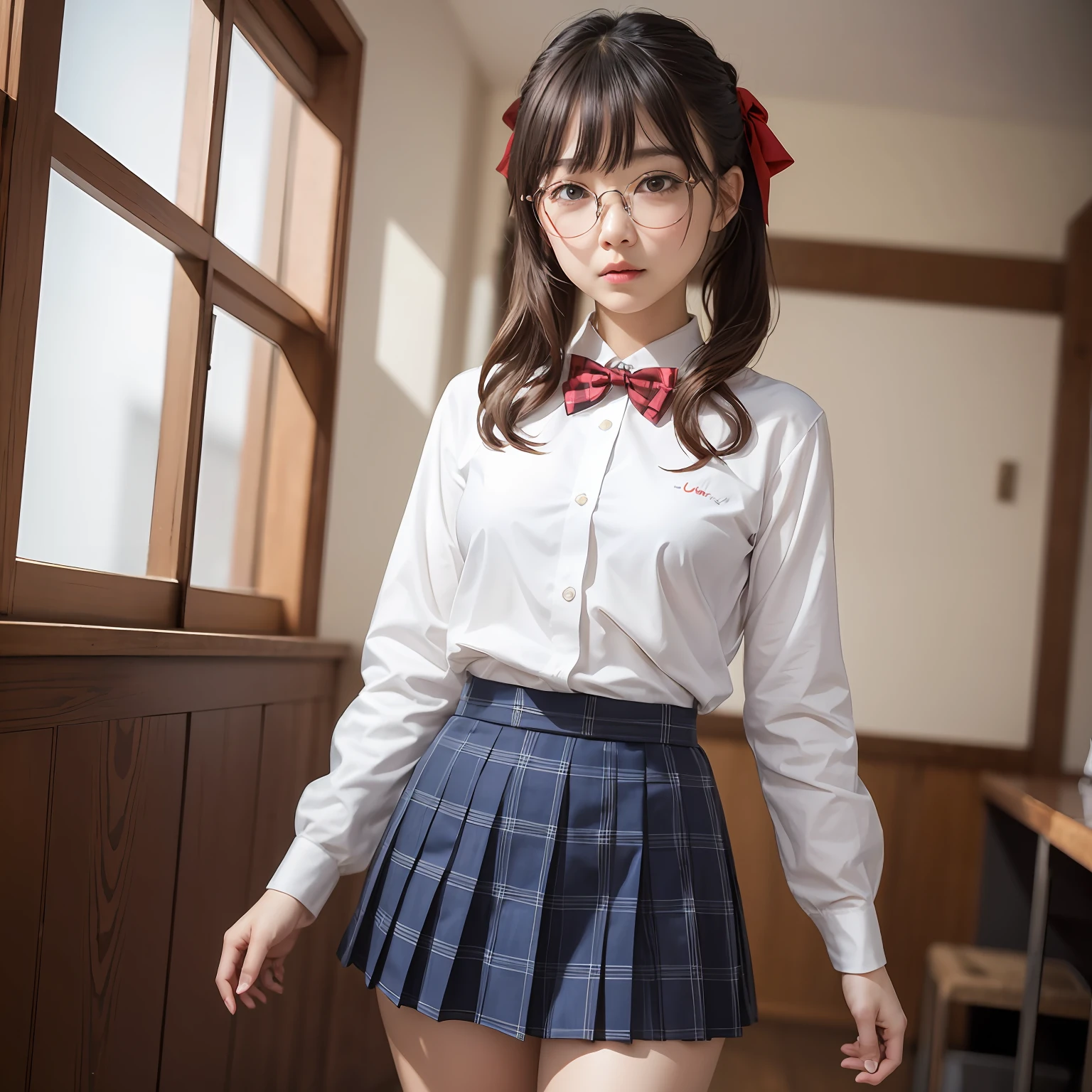 （8K、Raw photography、top-quality、​masterpiece：1.2）(Tight eyes,Bullish,skinny,Rasping,irate,small tits,flat breast)、​masterpiece,top-quality、超A high resolution,Raw photo,ren,Beautiful fece,One Person, 独奏,eye glass,,Dark look,Small breasts,fullllbody,Round glasses、cute little、A Japanese Lady,is standing,(Tight eyes,Bullish,skinny,Rasping,irate,small tits,flat breast)、（Photorealsitic：1.37）、Photon mapping,Light blue ribbon,Realistic、Cute little face,Brown-eyed、Black socks、(Red bow tie)、Radio City、Physically Based Rendering、Foreground、depth of fields、Blurry background、a picture,The girls、Body, Long legs, Thin leg, poneyTail,(Bangs are visible), hair, s lips, Blue_The eye, nosesoft,  Bra shows through and are visible,White shirt, Navy blue and white plaid pleated skirt, Sheer clothing,, Thigh, Black cotton socks,Nogizaka Idol, 女優, Japanese ido
