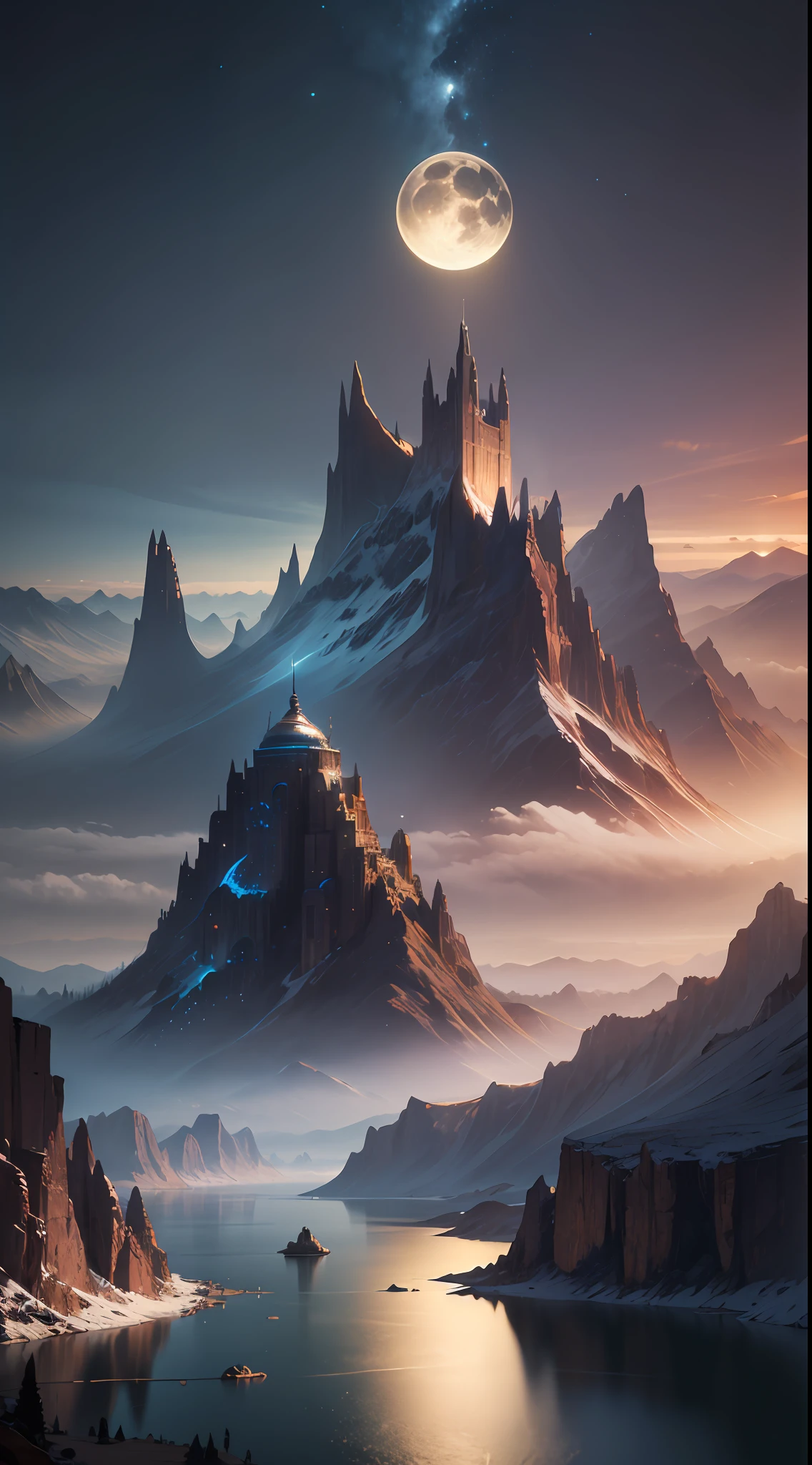mountains and a lake with a moon in the sky, 4k highly detailed digital art, 4 k hd wallpaper very detailed, impressive fantasy landscape, sci-fi fantasy desktop wallpaper, unreal engine 4k wallpaper, 4k detailed digital art, sci-fi fantasy wallpaper, epic dreamlike fantasy landscape, 4k hd matte digital painting, 8k hd wallpaper digital art --auto
