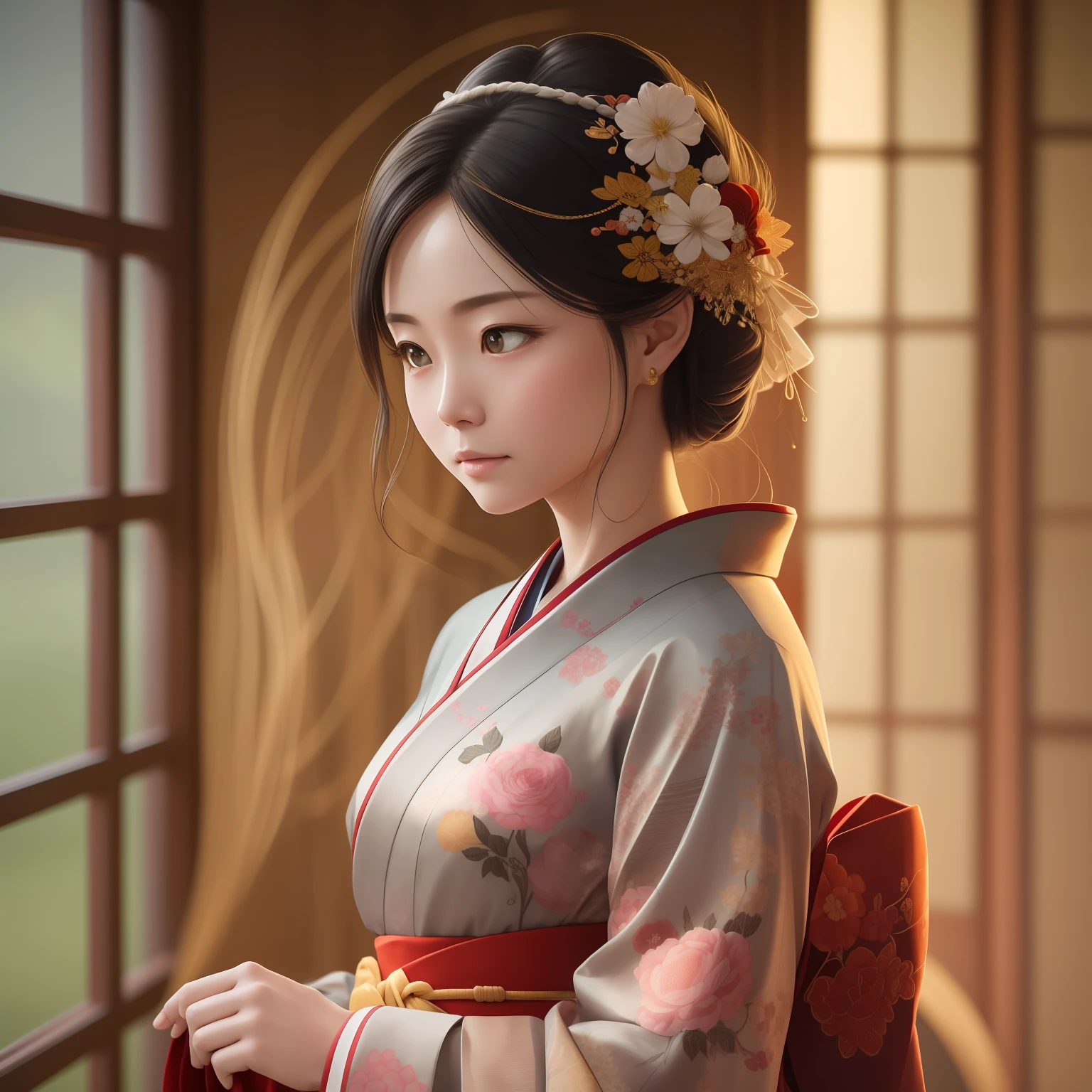 A captivating image capturing the elegant yet intellectual kimono worn by the character's beautiful adult woman, who will become her mother-in-law. The kimono's flowing designs are embellished with delicate details, such as intricate embroidery. The warm, golden light from a wide aperture highlights the soft, natural light filtering through the kimono, emphasizing the soft, luminous tones of the scene. shallow depth of field, natural light, studio ghibli style