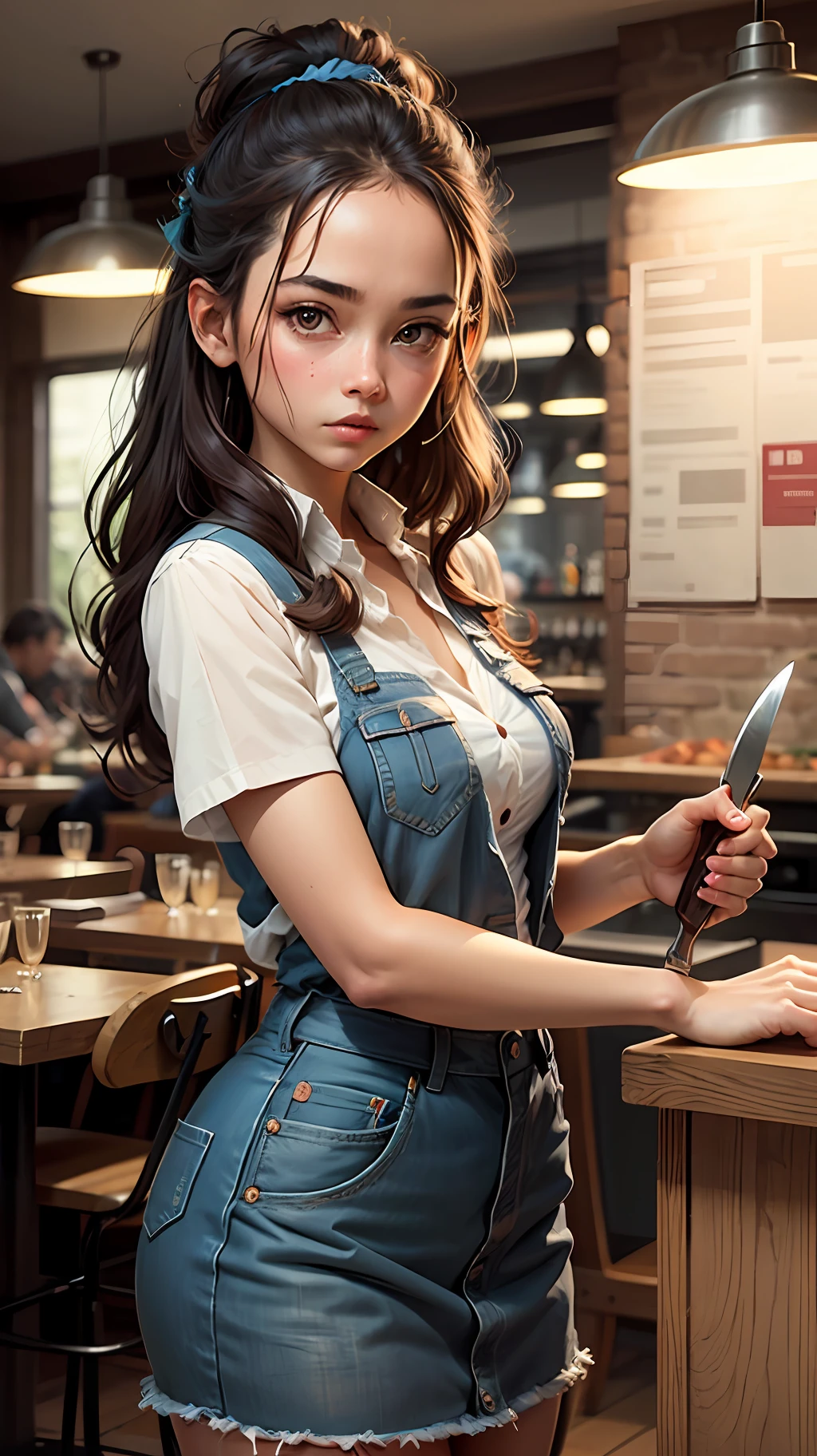 Girl hand knife, attitude, pub background, --auto