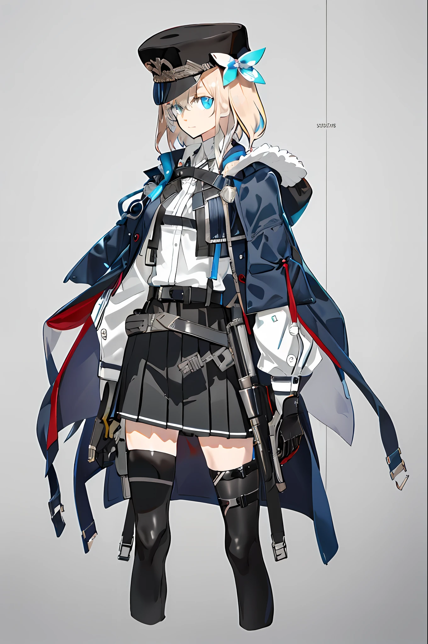 tmasterpiece,Best light and shadow,intricately details,1girll,独奏,whaite hair,long whitr hair,Armour,Exposing thighs,solid color backdrop,grey wall,The eyes are sharp,looking at viewert,hand gun,Short black leather skirt,Black boots,Black fur hat,Diagonal belt,锁链,black leather gloves,white shirt,Black coat
