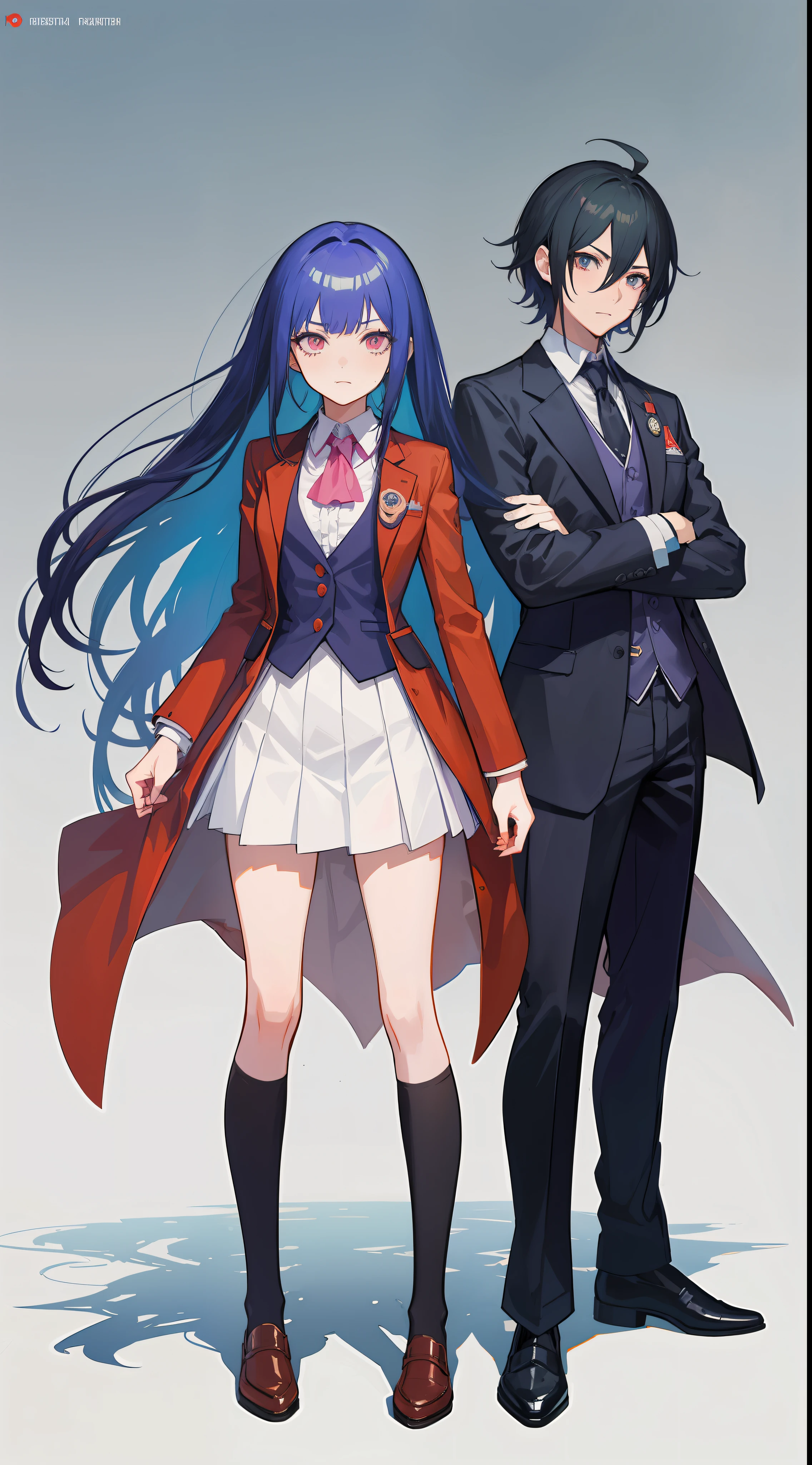 Anime characters in business attire standing side by side, concept art by Kamisaka Sekka, Pisif, Sots Art, ace attorney style, rimuru and milim, puce and vermillion, offcial art, vermillion and cyan, digital art from danganronpa, medium shot of two characters, official character art