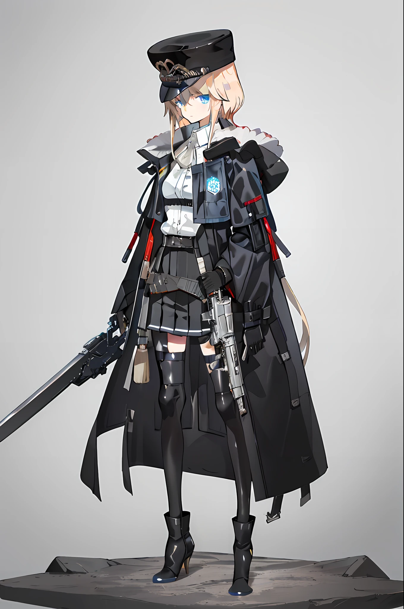 tmasterpiece，Best light and shadow，intricately details，1girll，独奏，whaite hair，long whitr hair，Armour，Exposing thighs，solid color backdrop，grey wall，The eyes are sharp，looking at viewert，hand gun，Short black leather skirt，Black boots，Black fur hat，Diagonal belt，锁链，black leather gloves，white  shirt，Black coat