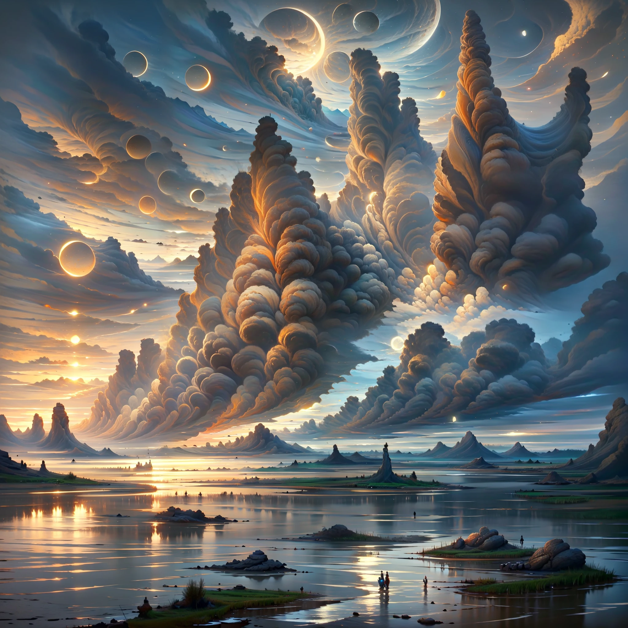 mountains and a lake with a moon in the sky, 4k highly detailed digital art, 4 k hd wallpaper very detailed, impressive fantasy landscape, sci-fi fantasy desktop wallpaper, unreal engine 4k wallpaper, 4k detailed digital art, sci-fi fantasy wallpaper, epic dreamlike fantasy landscape, 4k hd matte digital painting, 8k stunning artwork