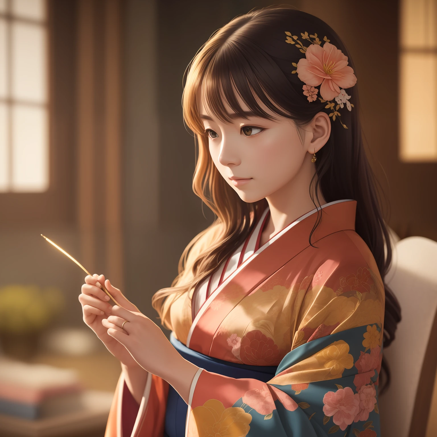 A captivating image capturing the elegant yet intellectual kimono worn by the character's beautiful adult woman, who will become her mother-in-law. The kimono's flowing designs are embellished with delicate details, such as intricate embroidery. The warm, golden light from a wide aperture highlights the soft, natural light filtering through the kimono, emphasizing the soft, luminous tones of the scene. shallow depth of field, natural light, studio ghibli style