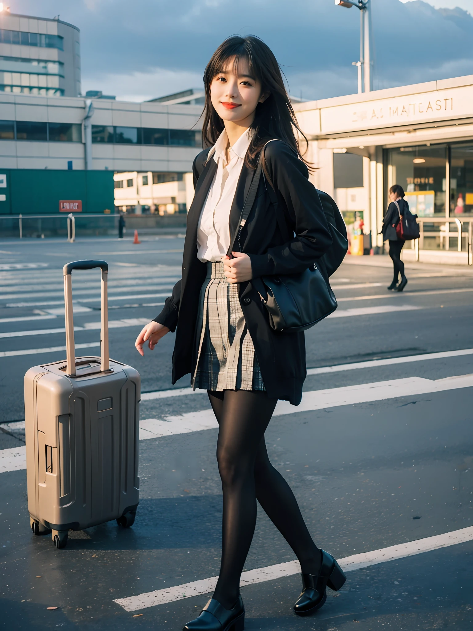 Best quality,Masterpiece,super high res,RAW photograph,Detail face,Detailed skin, (Realistic, photo- realistic:1.3),Dramatic lighting,19girl,solo,Full body,walking,airport,Terminal,Outdoors,look viewer, Smile,Long hair, bangs,ature female, milf,Narrow waist, skinny,open clothes,(Black pantyhose:1.5),Black jacke,School Uniform,long sleeve, sleeves past wrists,Collared shirt, Pleated skirt,Black skirt, Very short miniskirt,plaid skirts,bag,Shoes, Black footwear, Blazer,Cardigan,plaid, school bag,tiese,Streets,afternoon,nature light,lensflare,windy,