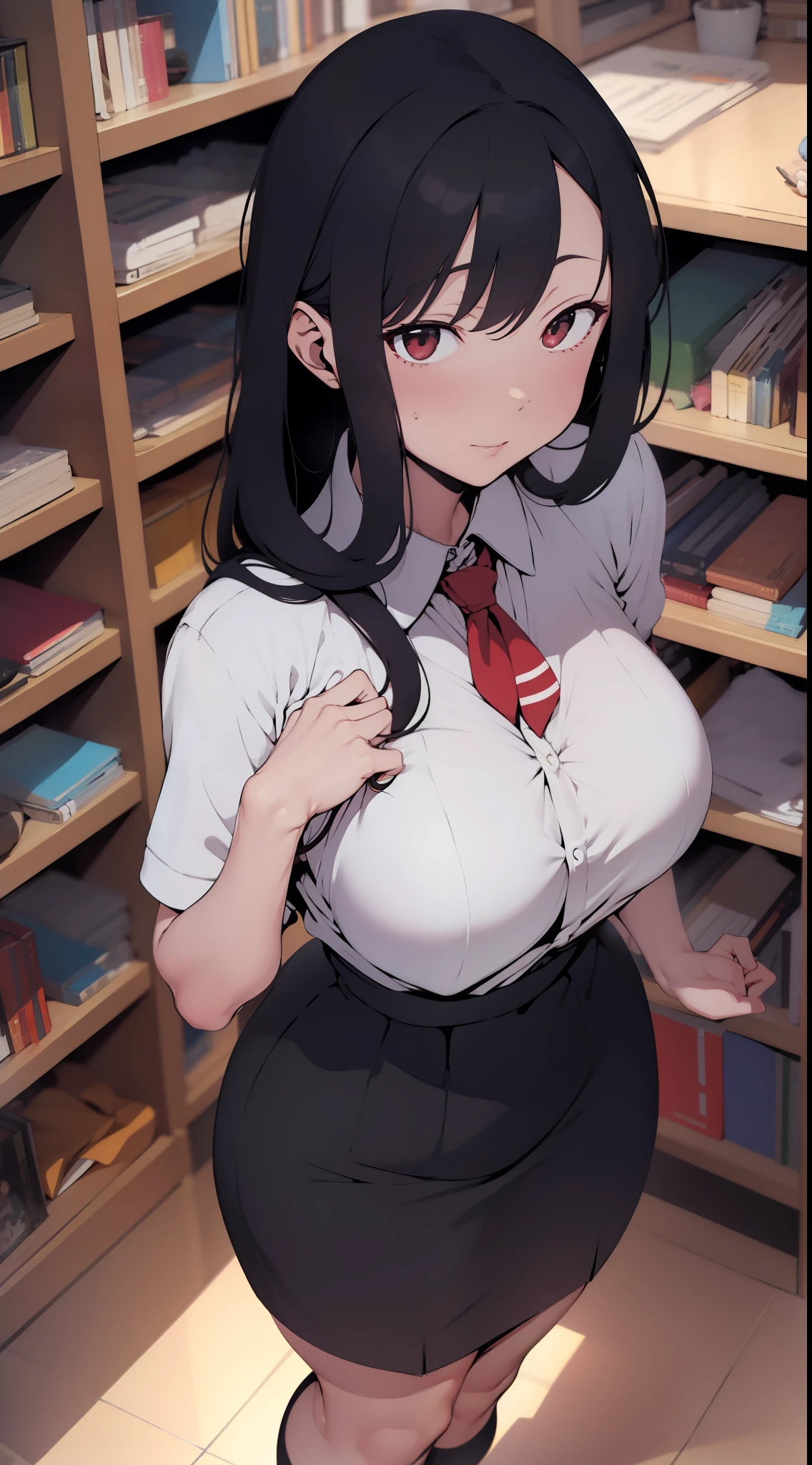 one woman,slategray skirt,lightslategray suit,white dress shirt,sexy pose,tiny breasts,tall of a person,gleaming skin,beautiful face,sharp eyes,cool face,long hair,wave hair,black hair,red eyes,from above,library,illustration style,anime style,masterpiece, extremely fine and beautiful,illustration,adult woman