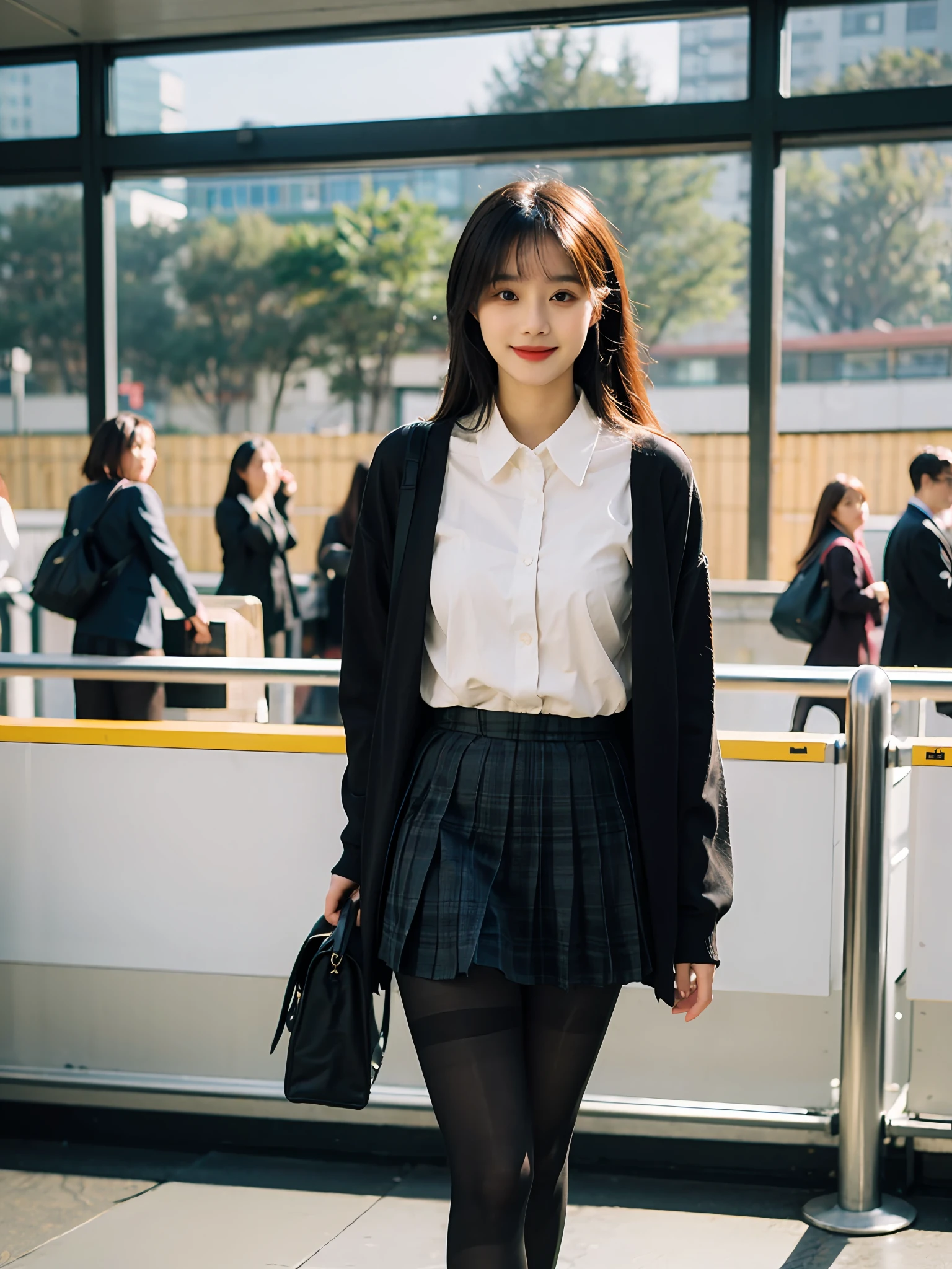Best quality,Masterpiece,super high res,RAW photograph,Detail face,Detailed skin, (Realistic, photo- realistic:1.3),Dramatic lighting,19girl,solo,Full body,walking,airport,Terminal,Outdoors,look viewer, Smile,Long hair, bangs,ature female, milf,Narrow waist, skinny,open clothes,(Black pantyhose:1.5),Black jacke,School Uniform,long sleeve, sleeves past wrists,Collared shirt, Pleated skirt,Black skirt, Very short miniskirt,plaid skirts,bag,Shoes, Black footwear, Blazer,Cardigan,plaid, school bag,tiese,Streets,afternoon,nature light,lensflare,windy,