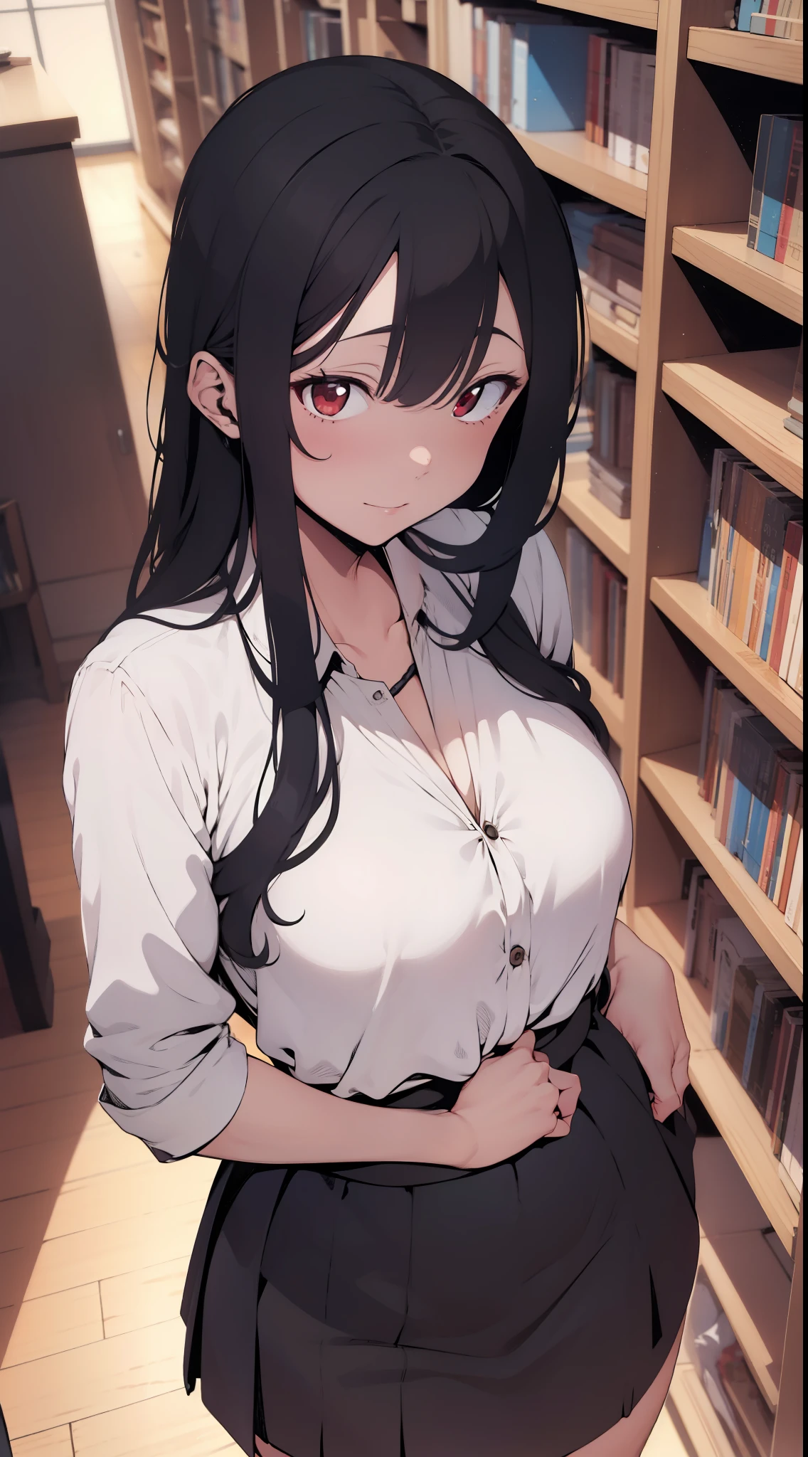 one woman,slategray skirt,lightslategray suit,white dress shirt,sexy pose,tiny breasts,tall of a person,gleaming skin,beautiful face,sharp eyes,cool face,long hair,wave hair,black hair,red eyes,from above,library,illustration style,anime style,masterpiece, extremely fine and beautiful,illustration,adult woman