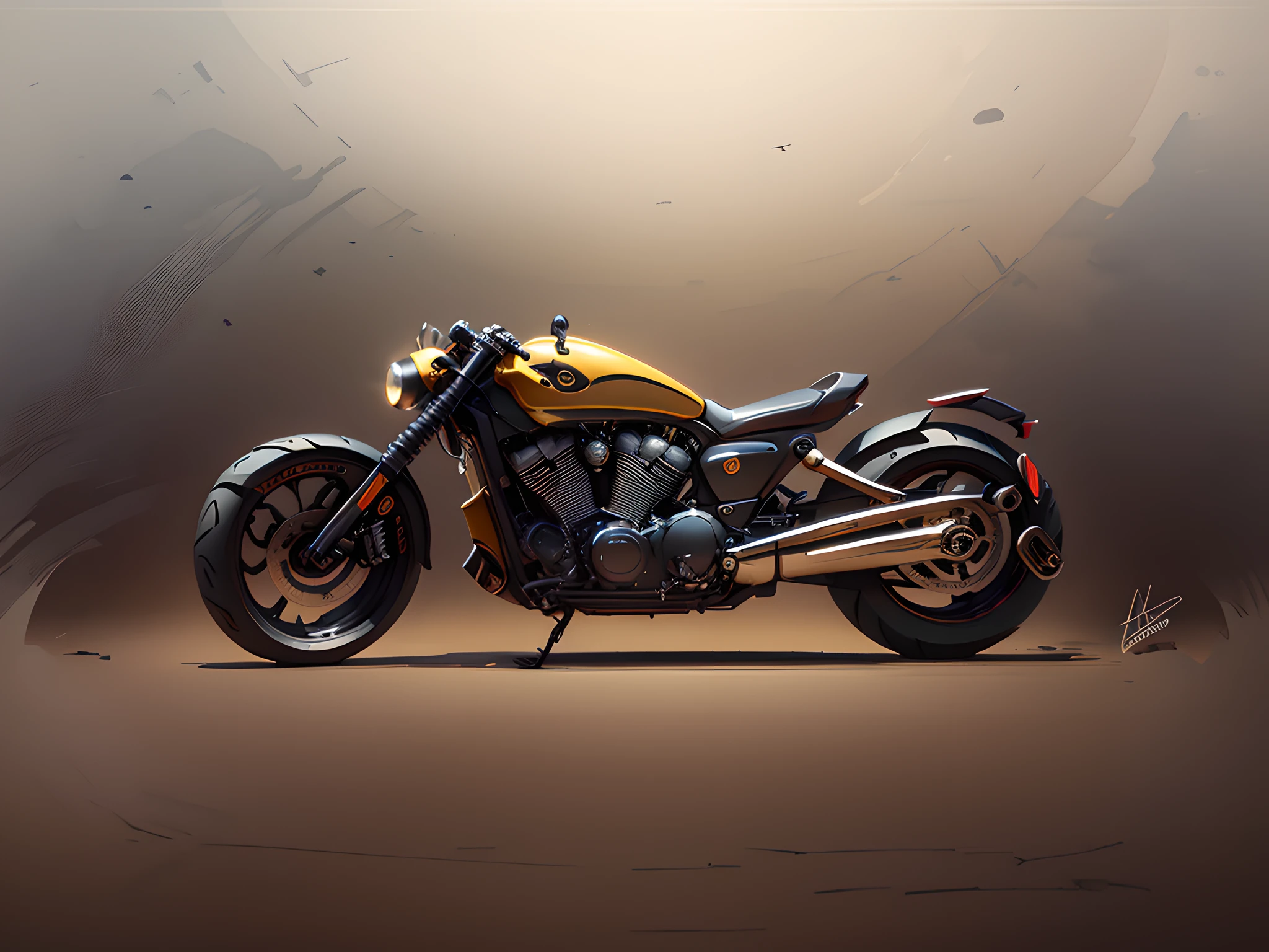 Motorcycle drawing with gold and black paint job, motorcycle concept art, akira's motorcycle, motorcycle, Steampunk motorcycles, akira motorcycle, Sketch style, vehicle illustration, riding steampunk motorcycle, concept art h 8 0 0, Motorcycles, in style of dieselpunk, Mad Max inspiration, drawn and painted, concept sketches, the motorcycle, 2 d render, concept art style