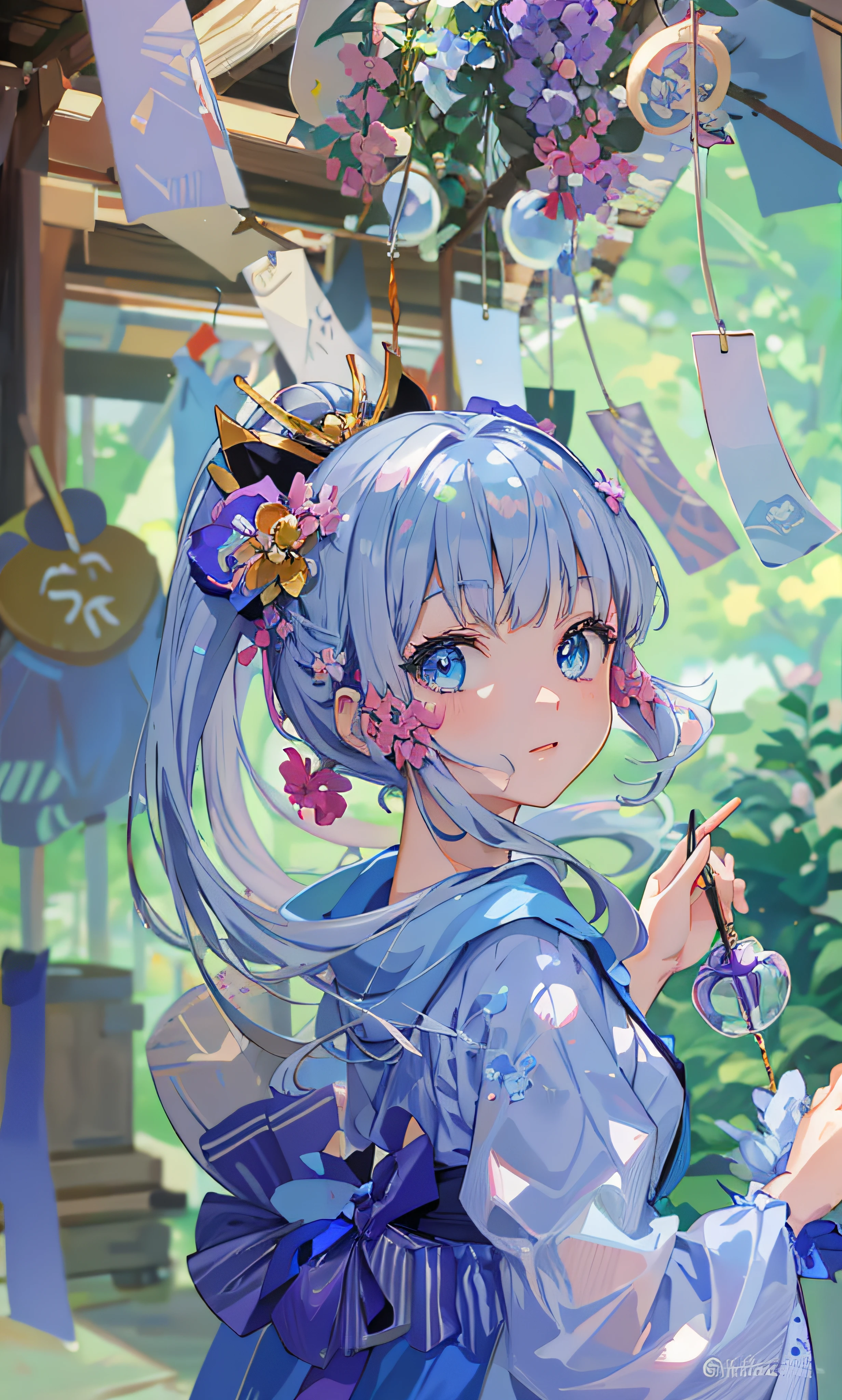 eBlue eyes,Wear a blue off-the-shoulder dress,Shoulders exposed,Anime girl holding purple flowers, Detailed digital anime art, Anime moe art style, drawn in anime painter studio, Kawaii realistic portrait, Digital anime illustration, style of anime4 K, a beautiful anime portrait, Anime style portrait, anime styled digital art, made with anime painter studio, Guviz-style artwork, Digital anime art,light blue long hair,Hair to the waist