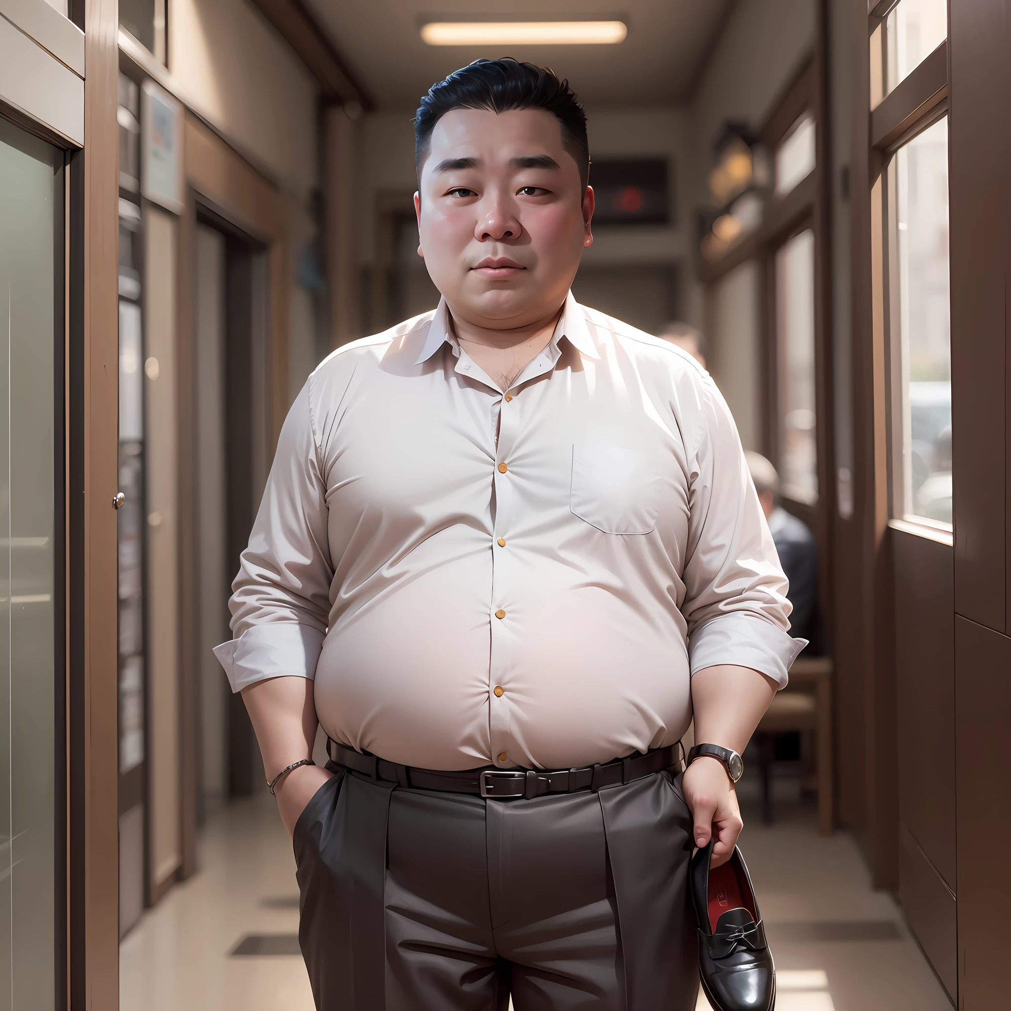 Fat uncle, Suits and shoes, potbelly, Round face and large back