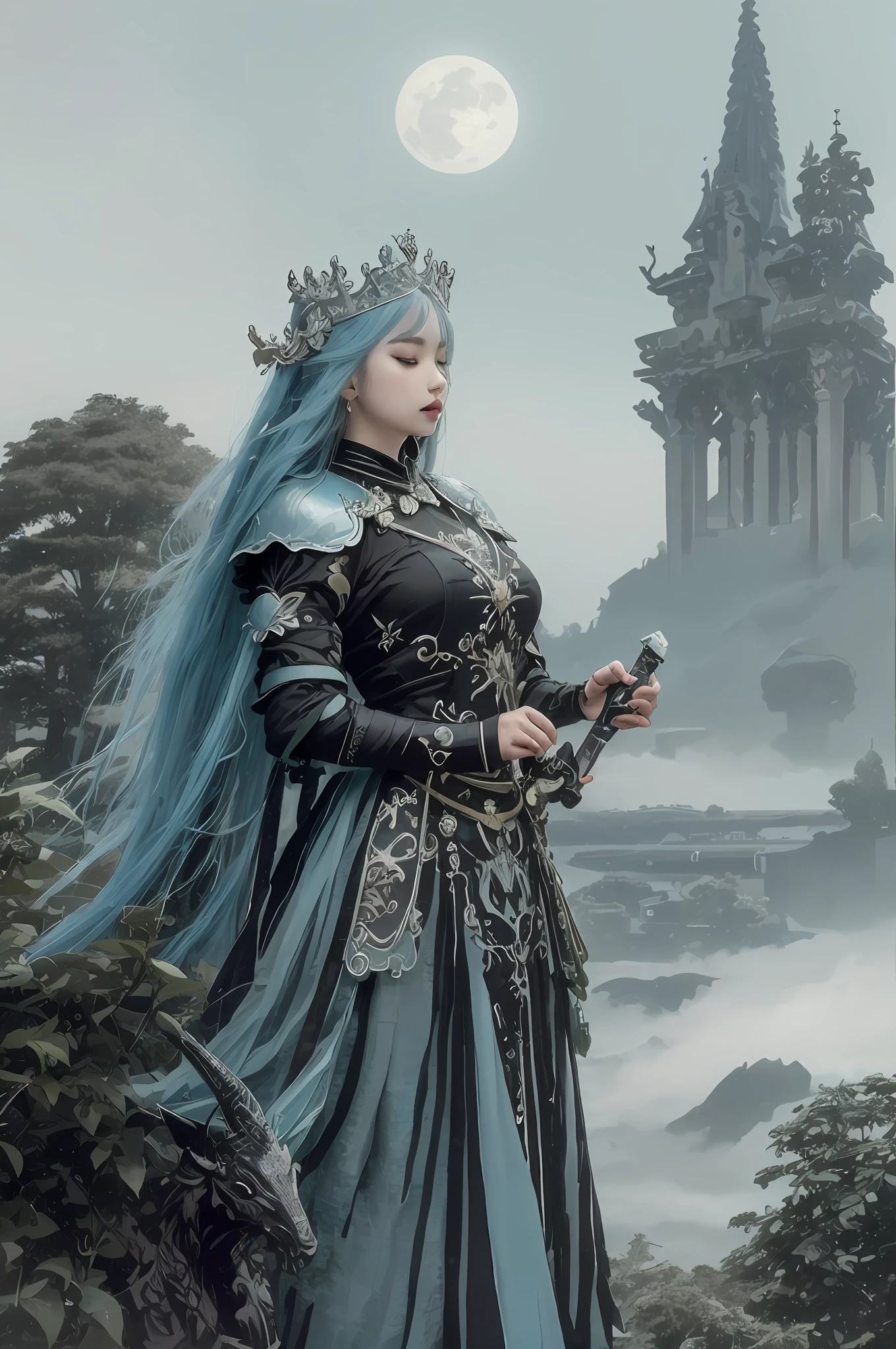 Delicate cyan heavy armor,Long hair and waist,Black clothes,Beautiful Dragon Princess,Holy sword in hand,Splendid palace,Plant lush trees,pretty hand,Noble,Dragon Princess