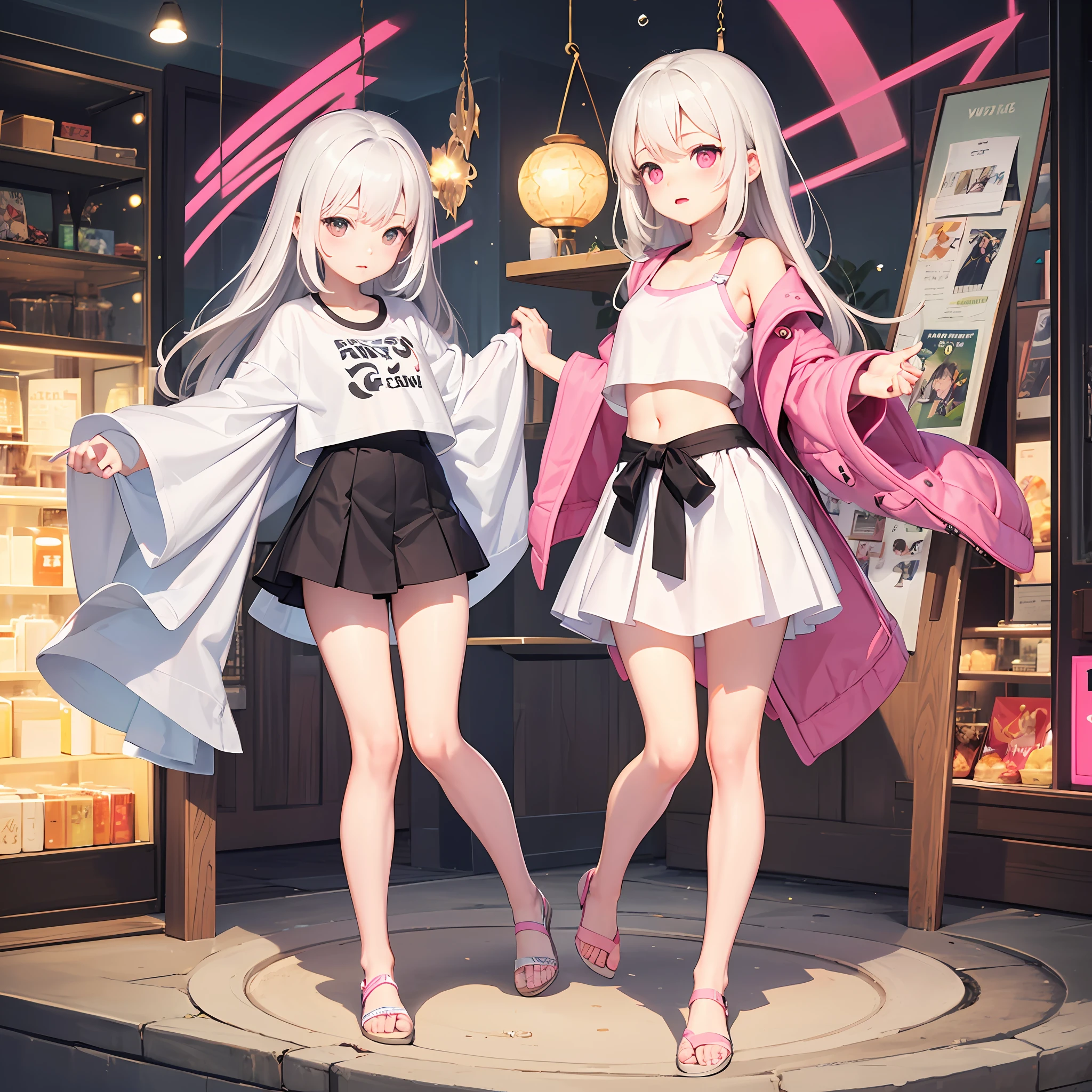 best qualtiy, Full body like，Refined face，White-haired loli，Slim body，Smaller bust，White crop top T-shirt，Waist pink，Stand tall， --auto