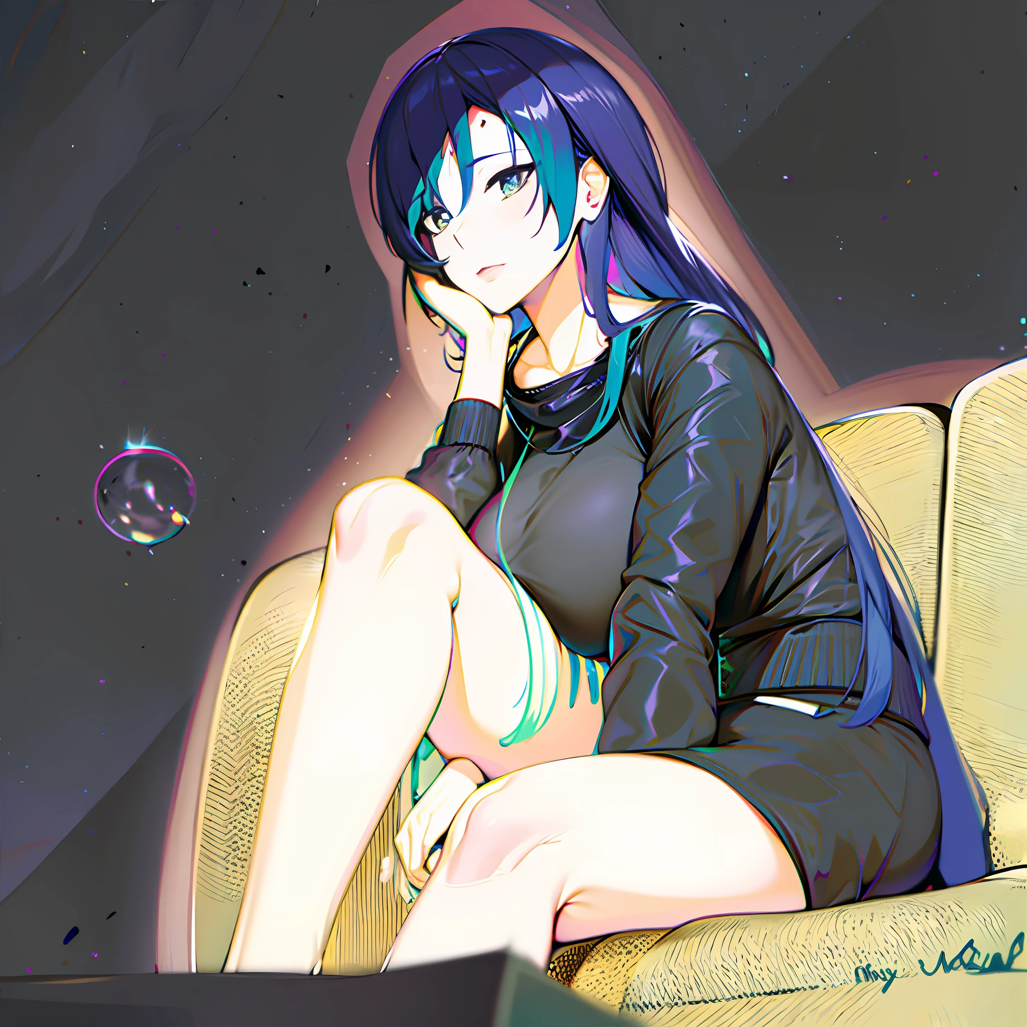 anime girl sitting on a couch with her legs crossed, inspired by moona hoshinova, 2 d anime style, made with anime painter studio, anime moe artstyle, [ digital art ]!!, in an anime style, in anime style, paint tool sai!! blue, anime artstyle, cel - shaded art style, unknown artstyle, sitting on the couch (gg unity, 8k wallpaper, ultra HD, master piece, best highlight, cool light), (living room, couch, dim light,purple wall), (1girl,solo) ((blue medium hair, with green highlight hair), fair skin, simetrical face, beautifil face (high detail eyes, green eyes)), (poker face), ((big breast, best body drawing, thick body, thick leg), (wearing black jumper jacket), (bare leg exposed)), view front rigth botom edge.