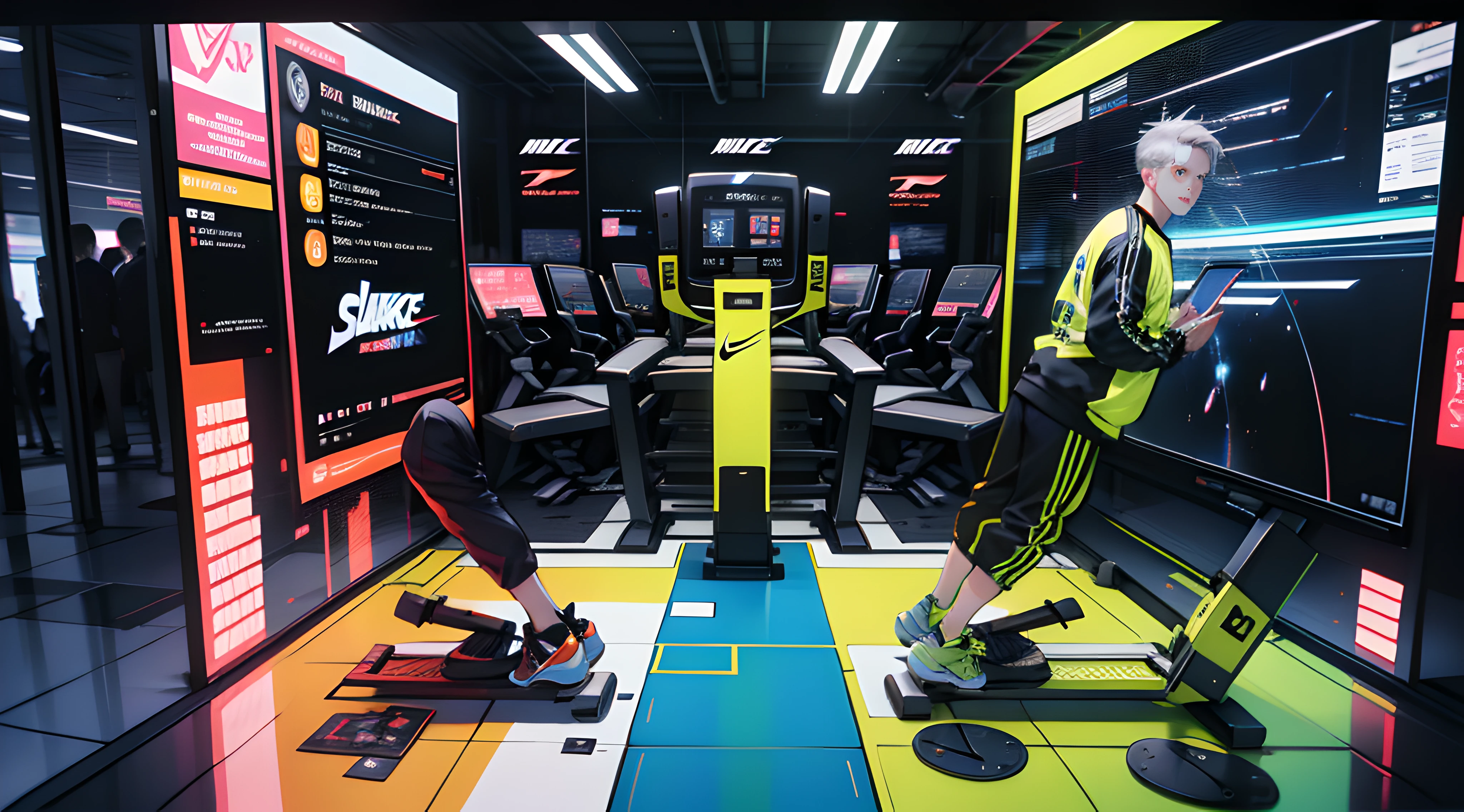 Best quality，masterpaintings，Ultra-high resolution fills the picture，A gym with a black and yellow color scheme，Night indoor black and yellow background color scheme，Neon lights，Sports trends，A male，A muscle,Toned body，idol，Black sportswear,Liquid color matching clothing,Complicated background，Weight instruments in the background，High-tech screen in the background，Sports equipment，Lateral face，A smug smile，Dress less，There are fitness elements in the rear，Nike brand，Tech gym，Perfect face，8K quality，Cyberpunk，sense of science and technology，Character backlighting，rim-light，Movement changes，short hair style，Loose hairstyle,Silver hair，The number of fingers is refined，Wear an electronic digital watch，Sports headphones，The most handsome boy in mankind，Dye hair,Delicate close-up of the face，Realistic image quality，Super light and shadow，Very good figure，English slogan neon，Runway lights，The brand name is(SONEAR FIT)，Handsome boy，20 yrs old，Handsome,There are treadmills,Shouted,Hard,There is murderousness