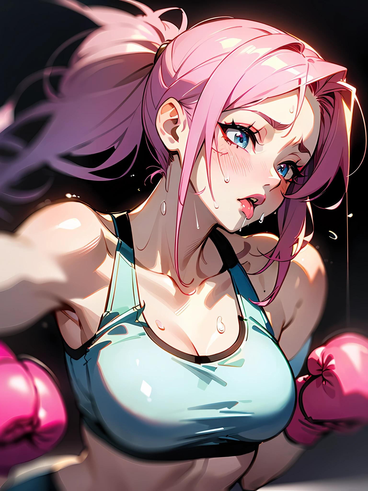 Female Boxers、Pink hair、Cornrow Hair、sexy lip、Fancy makeup、Sportsbra、((Face turned to the side))、((syncope))、((eyes ajar))、Image from chest to top、((White Boxing Gloves))、Sweat and saliva all over the body、Splattering sweat、Face distorted by pain、Mouth open、During a women's boxing match、