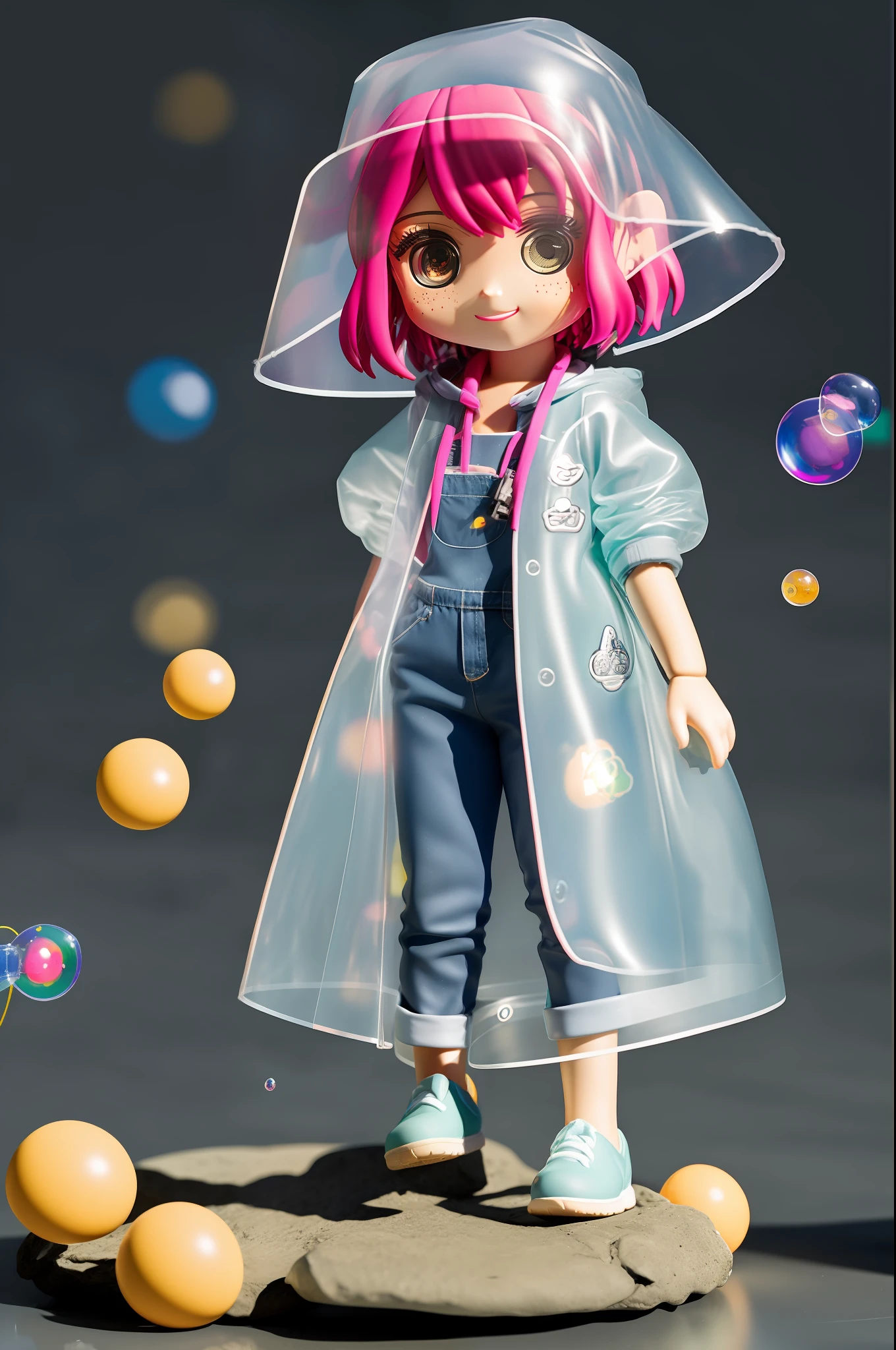 Blind Box Style girl fullbody,chibi, Super cute girl, little girl, smile, bear translucent raincoat, blind box, bubble matt design exaggerated pressure and movement, bright light,exaggerated pressure and action, bright lights, clay materials, precision mechanical parts, shut upintensity, 3d super detailed, C4D, Octane rating rendering, bear, mixer,8K,