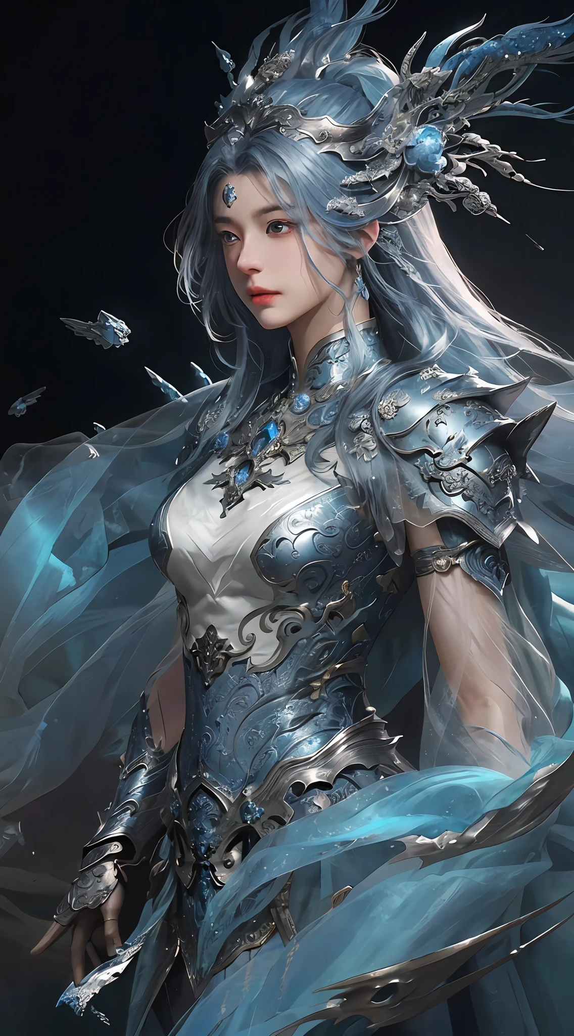 a close up of a woman in a silver and blue dress, chengwei pan on artstation, by Yang J, detailed fantasy art, stunning character art, fanart best artstation, epic exquisite character art, beautiful armor, extremely detailed artgerm, detailed digital anime art, artgerm on artstation pixiv, armor girl