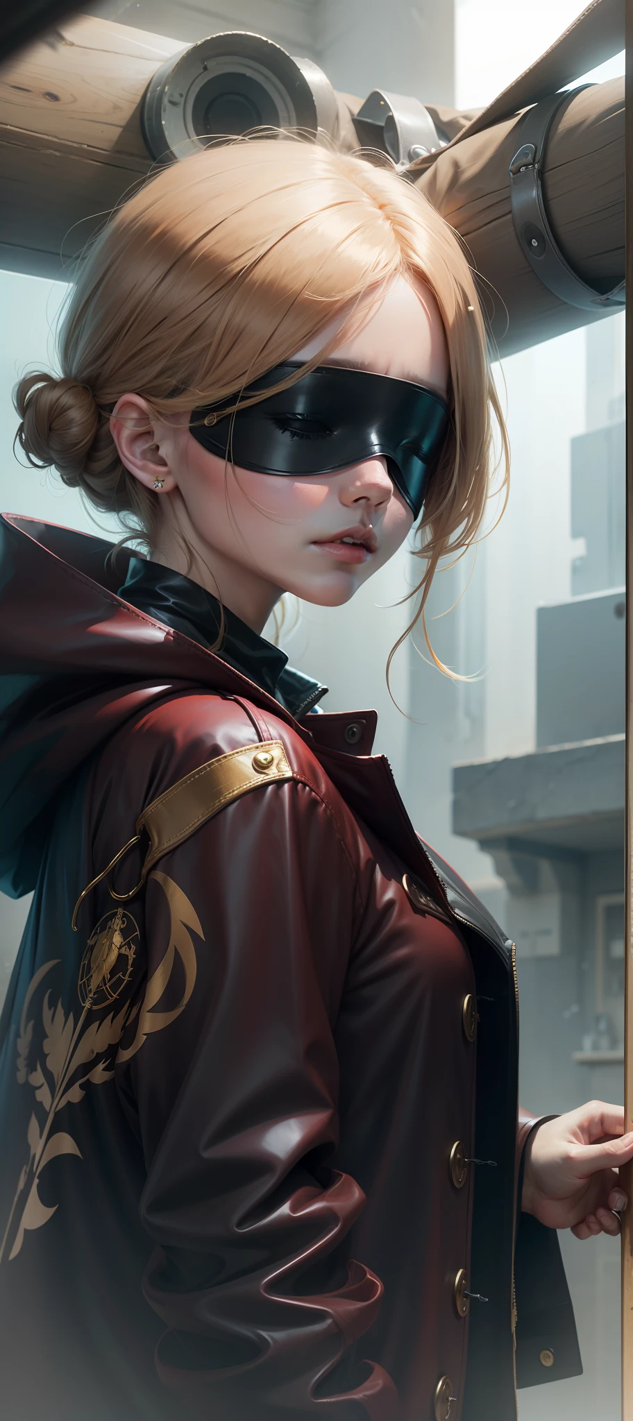 Dark red coat,blindfolds,Golden pupils