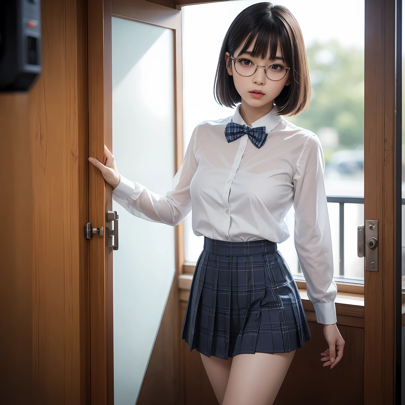 (8K、Raw photography、top-quality、masterpiece:1.2)(Tight eyes,Bullish,skinny,Rasping,irate,small tits,flat breast)、masterpiece,top-quality、超A high resolution,Raw photo,ren,Beautiful fece,One Person, 独奏,eye glass,,Dark look,Small breasts,fullllbody,Round glasses、cute little、A Japanese Lady,is standing,(Tight eyes,Bullish,skinny,Rasping,irate,small tits,flat breast)、(Photorealsitic:1.37)、Photon mapping,Light blue ribbon,Realistic、Cute little face,Brown-eyed、Black socks、(Red bow tie)、Radio City、Physically Based Rendering、Foreground、depth of fields、Blurry background、a picture,The girls、Body, Long legs, Thin leg, poneyTail,(Bangs are visible), hair, s lips, Blue_The eye, nosesoft, Bra shows through and are visible,White shirt, Navy blue and white plaid pleated skirt, Sheer clothing,, Thigh, Black cotton socks,Nogizaka Idol, 女優, Japanese ido