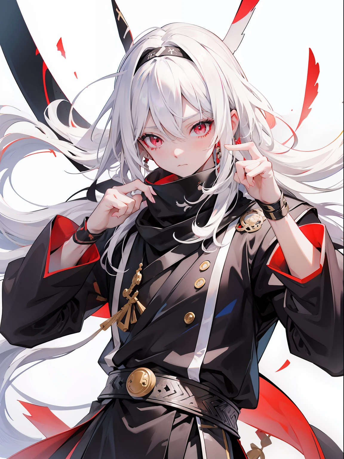 Highly detailed hands、Anime boy white hair black costume portrait bust、black bandana、Red Eyes、Best Anime、male people、high quality anime art