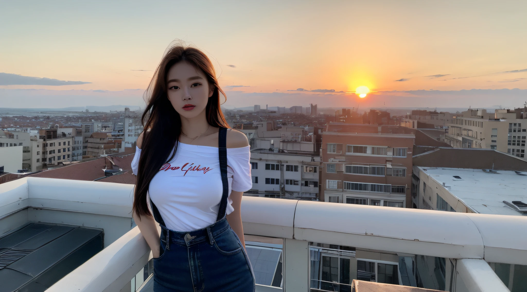 ((Midnight, Best quality, 8k, Masterpiece :1.3)), Whole body, Long legs, Sharp focus :1.2, A pretty woman with perfect figure :1.4, Slender abs :1.1, ((Dark brown hair, Big breasts :1.2)), (White tight tshirt, Jean bib, Standing:1.2), ((Night city view, Rooftop:1.3)), Highly detailed face and skin texture, Detailed eyes, Double eyelid, sunset, darken, backlit, off shoulder