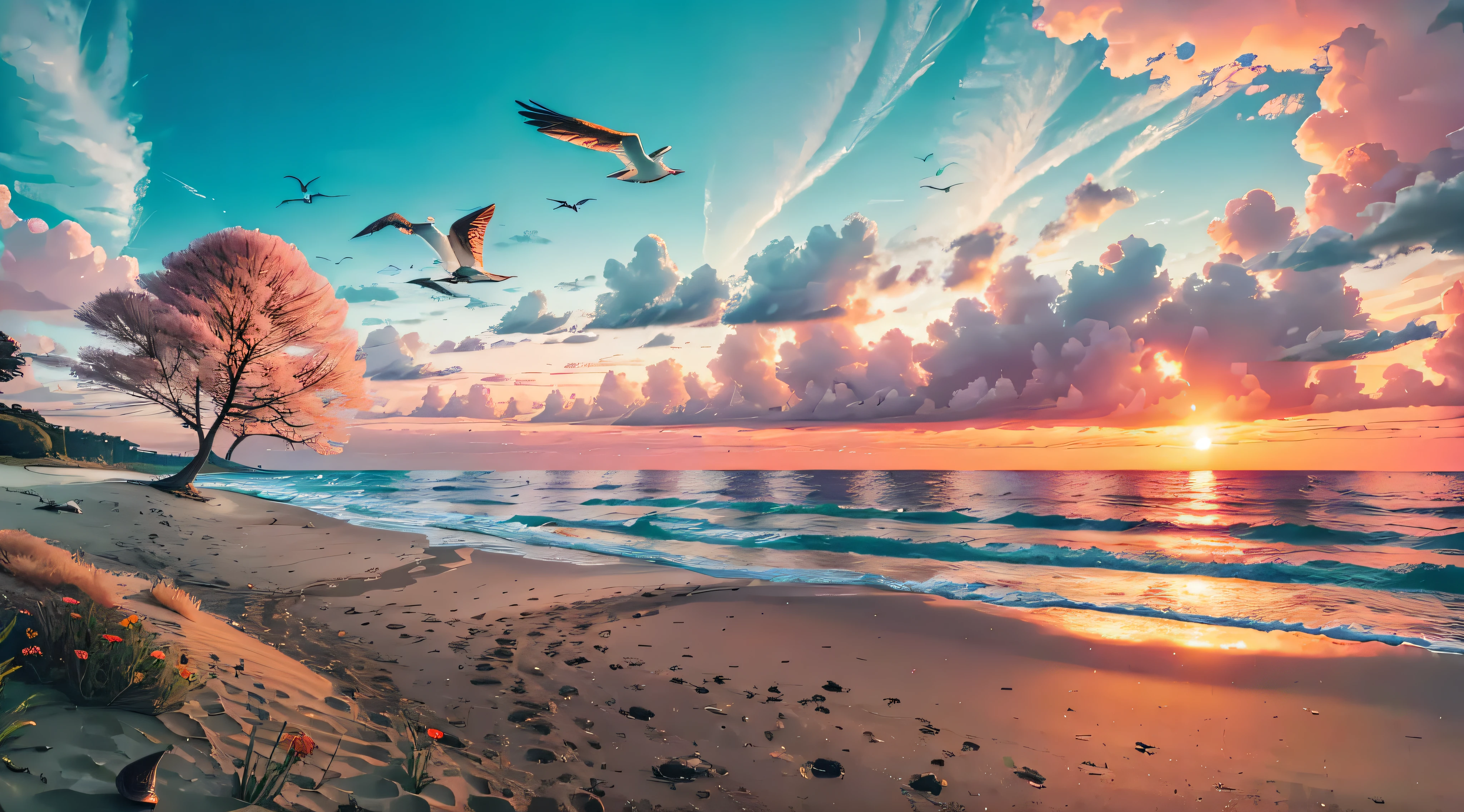 Sunset over the sea，There is a sandy beach，sea shell，Colorful trees，Burning clouds，seagulls，There is a small meadow in the middle of the sea，A small woods --auto