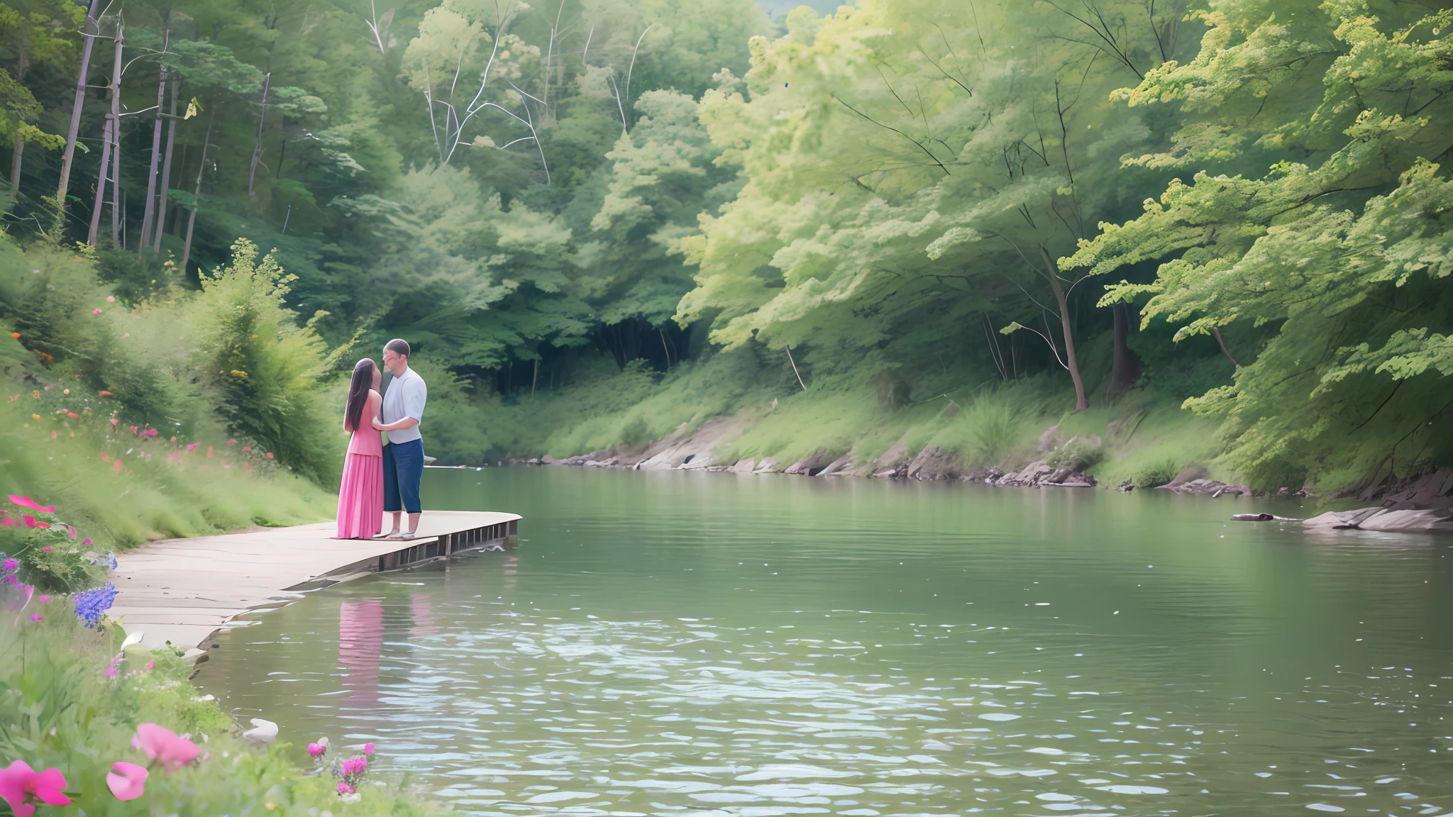 Amelia and James sit by a peaceful lake, their child joyfully skipping stones across the water, surrounded by tall, vibrant trees and colorful wildflowers. The air is filled with the sound of birds singing and the distant laughter of children playing, capturing a serene moment of family love and connection. Illustration, watercolor on textured paper, --auto --s2