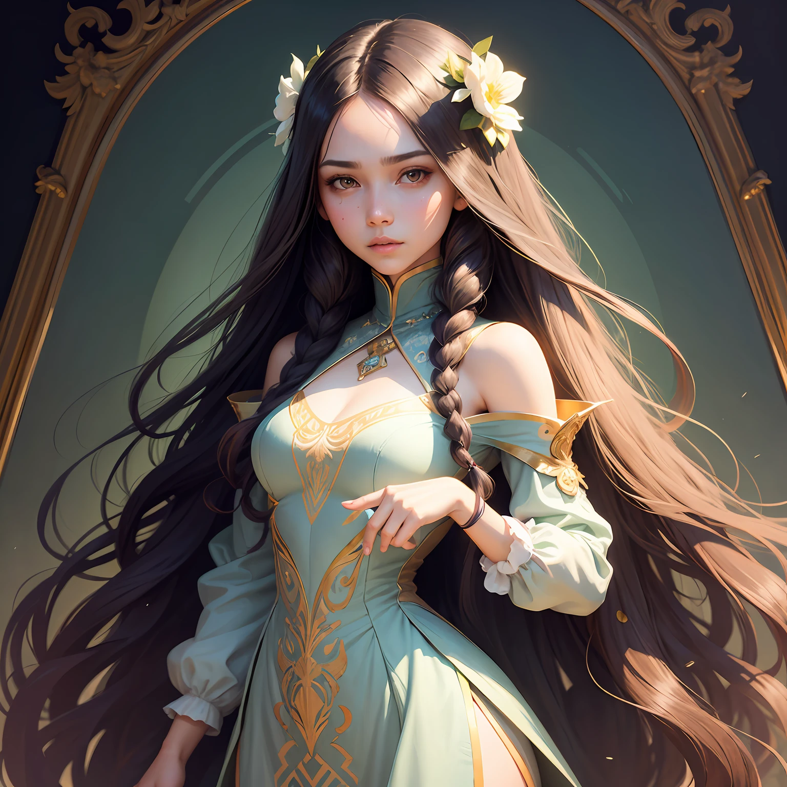Beautiful girl with straight long hair,There are flowers on the hair,portrait of upper body,Lovely face,BJD doll-like face,Modern and stylish dress,ellegance,Highly meticulous,digitial painting,tack sharp focus,Pubic area is clear,highly details,greg rutkowski,alphonse mucha,Nutdream,gil elvgren,sachin teng