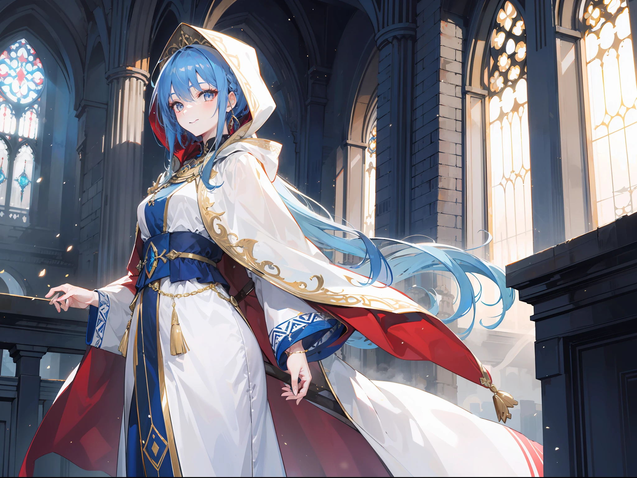 "Epic daylight atmosphere, stunning 4k artwork featuring a beautiful mature lady with tied primary blue  hair. Gold eyes. She was wearing white-gold saintess cloak and warm smile, she standing front of Sanctuary."