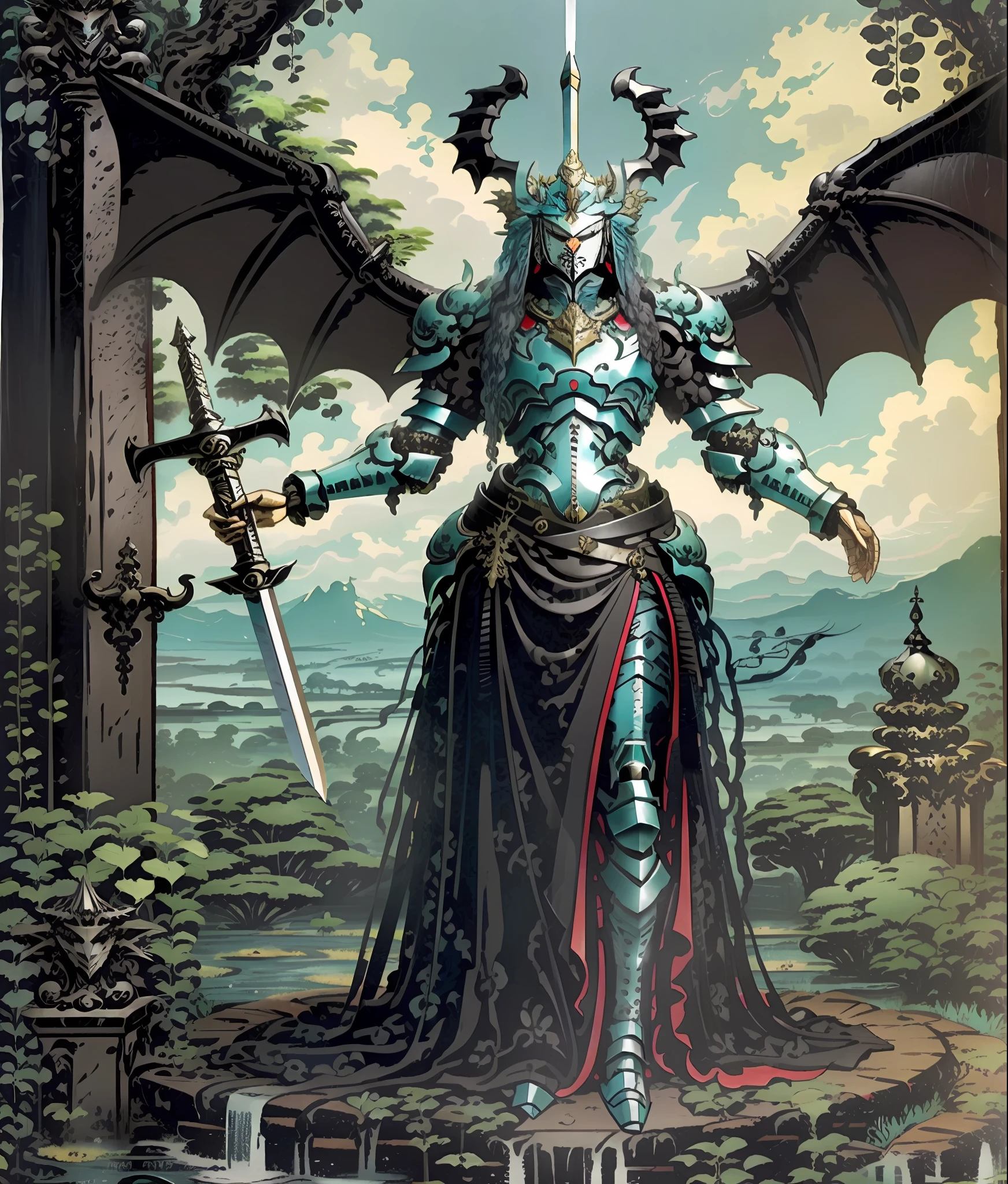 Delicate cyan heavy armor,Long hair and waist,Black clothes,Beautiful Dragon Princess,Holy sword in hand,Splendid palace,Plant lush trees,Beautiful wings,Simple