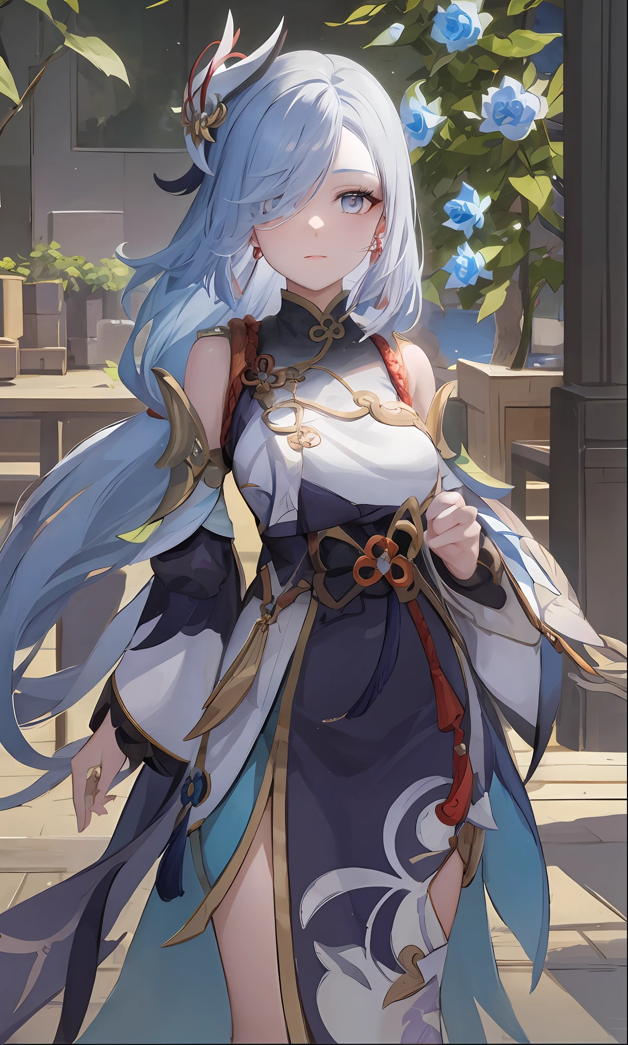 a close up of a woman in a dress with blue hair, Keqing from Genshin Impact, zhongli from genshin impact, Ayaka Genshin impact, Genshin impact's character, Genshin, Onmyoji detailed art, onmyoji portrait, white-haired god, ayaka game genshin impact, onmyoji, Genshin Impact style