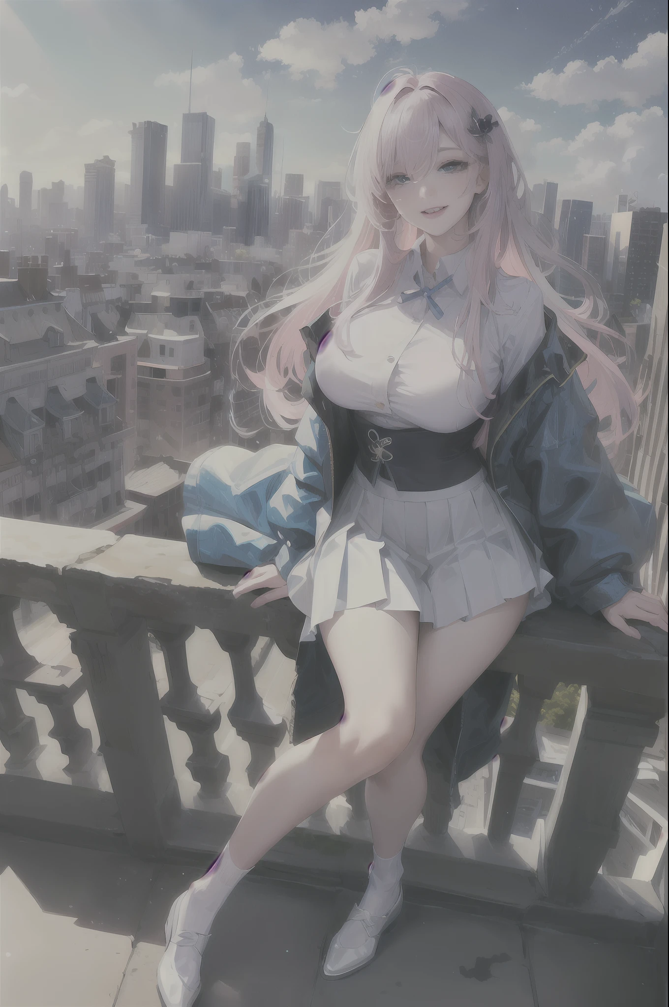 official art, masterpiece, sharp focus, (beautiful gorgeous cute Korean woman:1.3), (beautiful cute korean:1.3), korean beauty, Delicate and beautiful hair and eyes and face, realistic, ultra detailed, beautiful girl, blue sky, glow white particle, (sidelighting:1.2), sun light, white cloud, detailed clouds, slender, Lovely very large breasts and very large hips, smile with teeth, ((smile with eyes, open both eyes)), scenery, long straight hair, sexy facial expression, building, (cityscape:1.7), dynamic hair, long straight hair, detailed platinum pink hair, glow blue eyes, (blue pleated shirts + white skirt), white long socks, pale skin, hair ornament, epic scenery,