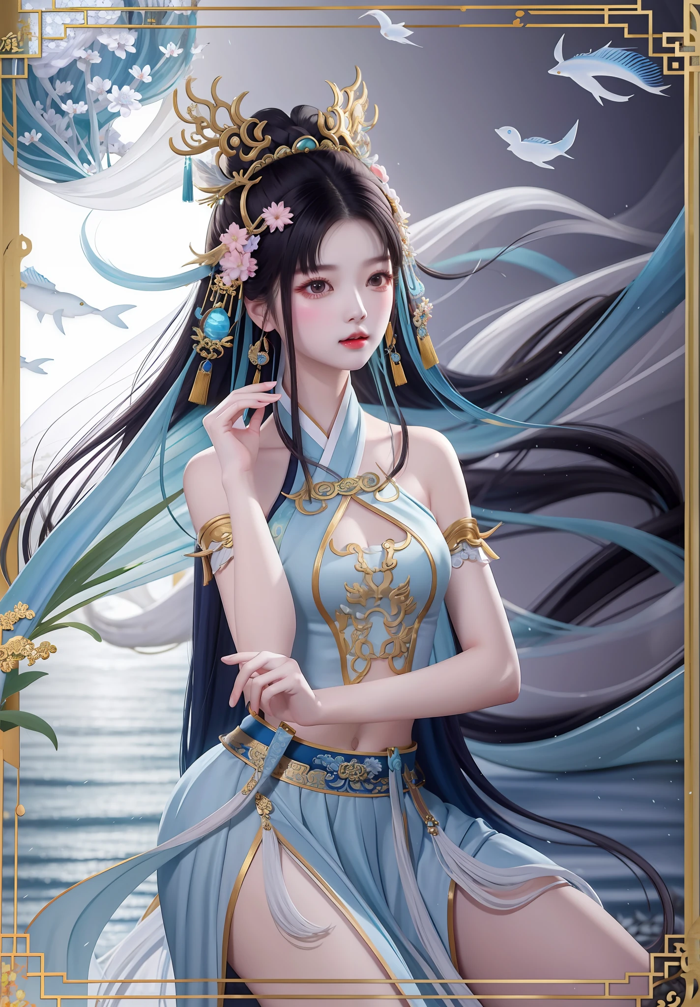 Woman in blue dress on full moon, inspired by Du Qiong, Inspired by Lan Ying, Beautiful character painting, full-body xianxia, queen of the sea mu yanling, Inspired by Qiu Ying, Inspired by Li Tang, inspired by Ju Lian, a beautiful fantasy empress, inspired by Zhao Zuo，There are no ornaments on the arms，Bare shoulders, Belly button legs，White legs