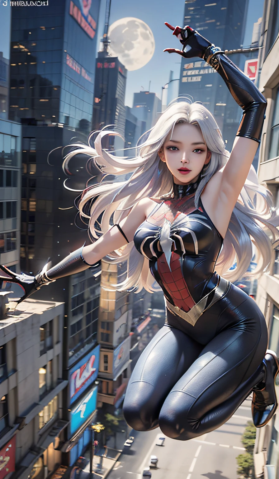 (Masterpiece, 4k resolution, ultra-realistic, very detailed), (White superhero theme, charismatic, there's a girl on top of town, wearing Spider-Man costume, she's a superhero), [ ((25 years), (long white hair:1.2), full body, (blue eyes:1.2), ((Spider-Man pose),show of strength, jumping from one building to another), ((sandy urban environment):0.8)| (cityscape, at night, dynamic lights), (full moon))] # Explanation: The Prompt mainly describes a 4K painting of ultra-high definition, very realistic, very detailed. It shows a superheroine at the top of the city, wearing a Spider-Man costume. The theme in the painting is a white superhero theme, the female protagonist has long white hair, is 25 years old and her entire body is shown in the painting. In terms of portraying the actions of superheroines, spiders are employed