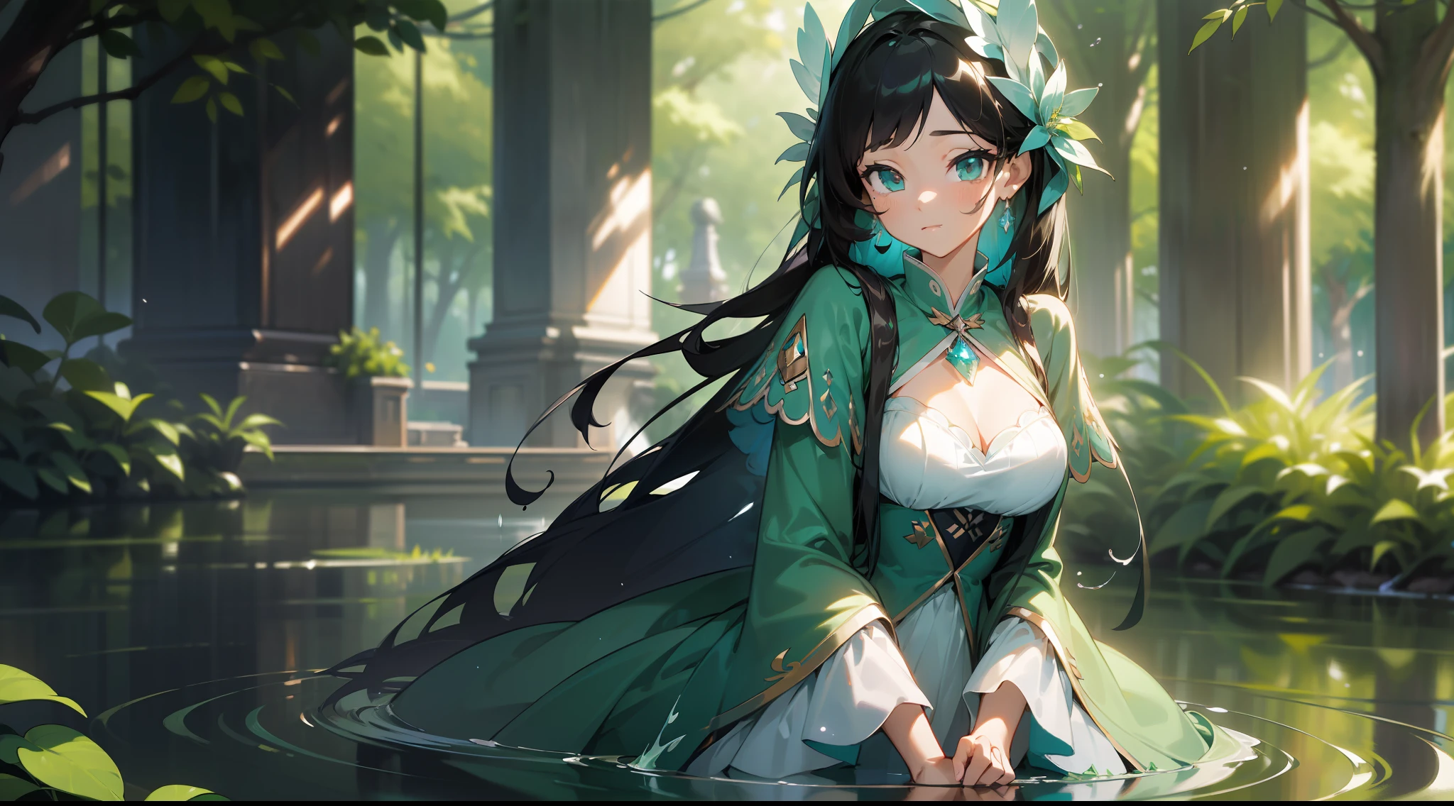 (((tmasterpiece))), Best picture quality，hyper HD，Very detailed CG unity 8K wallpaper，Beautiful and delicate，Black hair，The girl wore a long emerald green dress，beautiful countenance，Light and flowy，Surrounded by greenery，Catch an unknown secret，A drizzle moisturizes the whole body，The water ripples，Picturesque，Fairy-like。