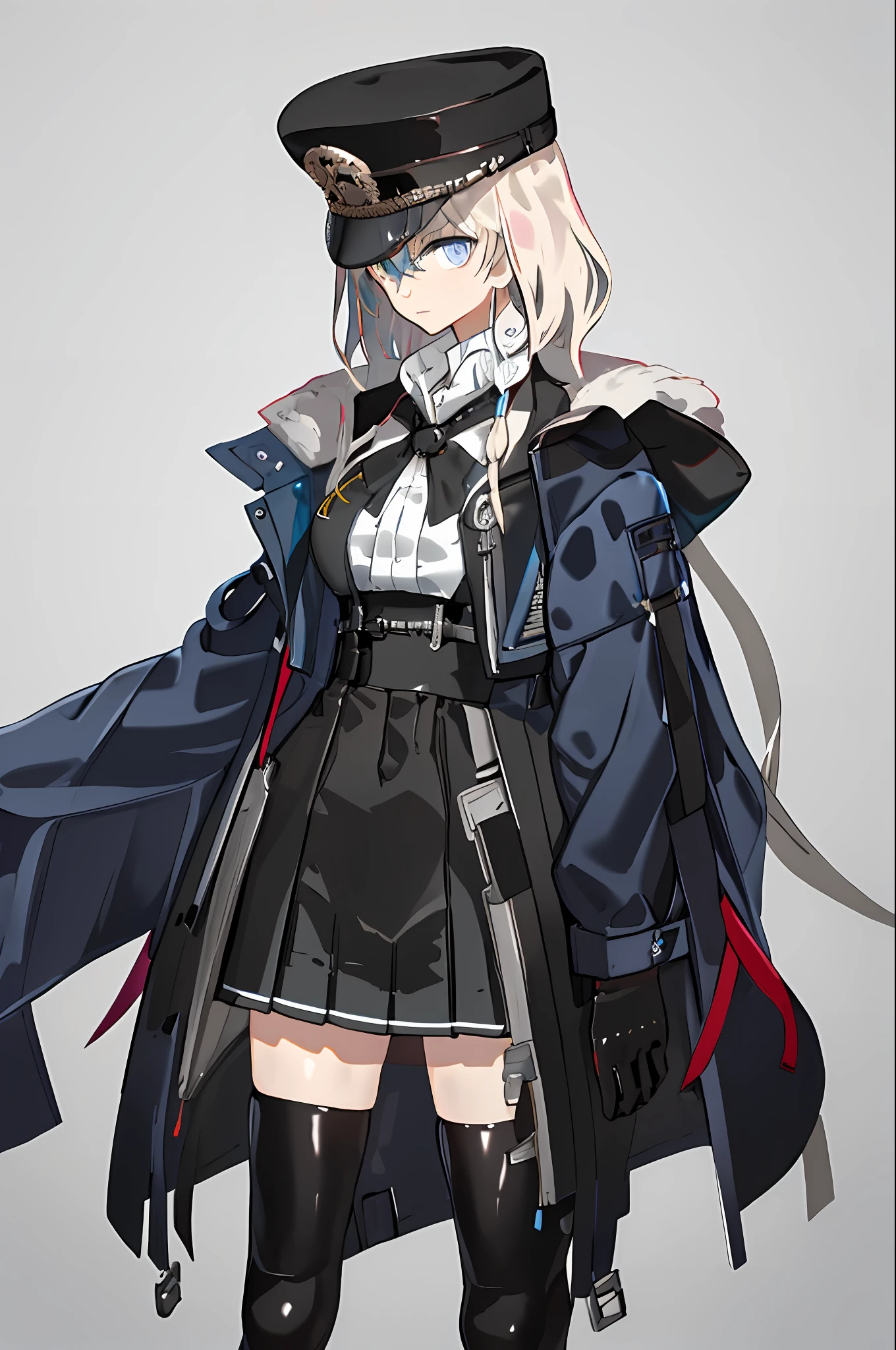 tmasterpiece，Best light and shadow，intricately details，solo，1girll，独奏，whaite hair，long whitr hair，Armour，Exposing thighs，solid color backdrop，grey wall，The eyes are sharp，looking at viewert，hand gun，Short black leather skirt，Black boots，Black fur police hat，Diagonal band，锁链，Black leather gloves，white  shirt，Black coat