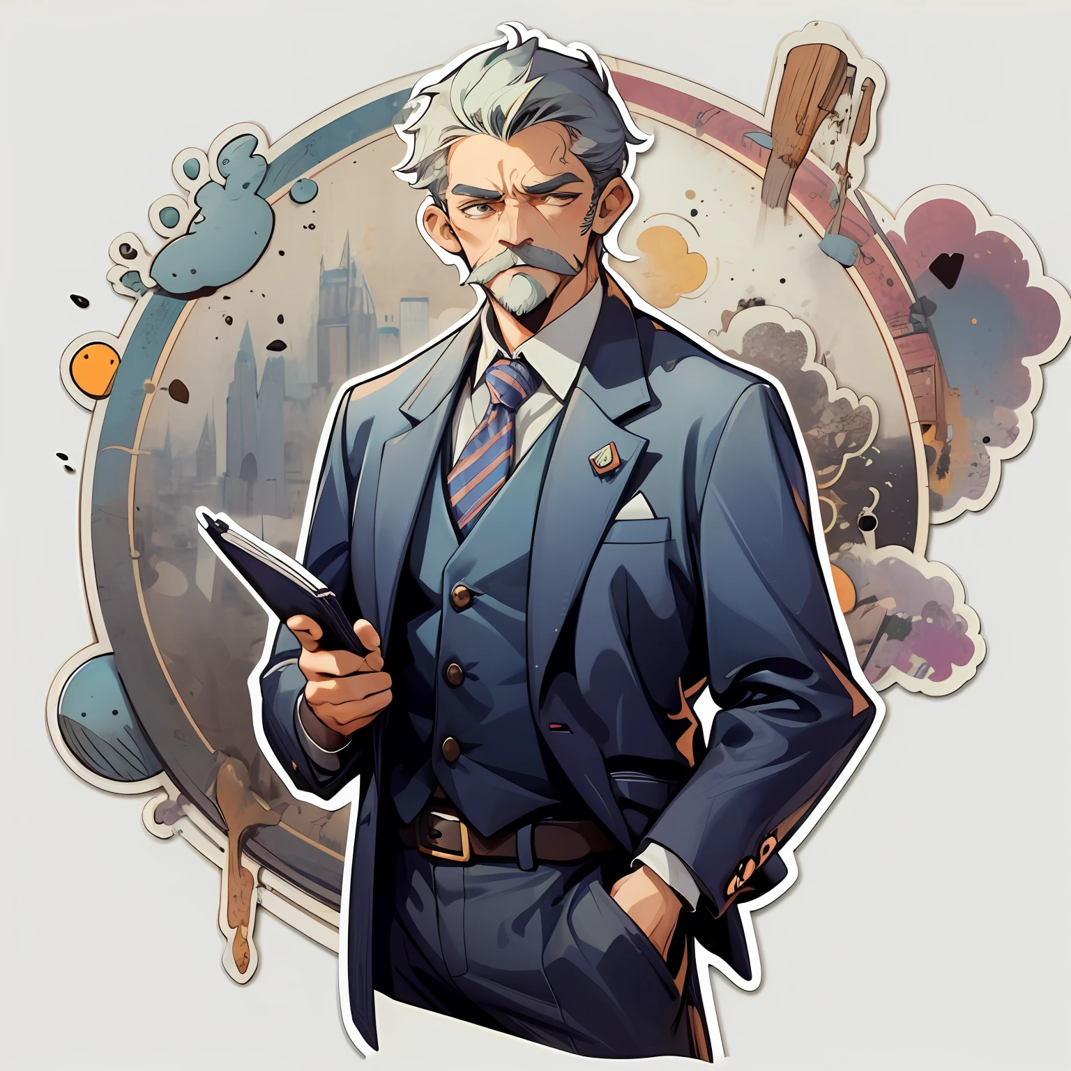 1sticker,Handbook,(1 man,A half body,45 yers old,Middle Age,English gentleman,Business suit,Detective), aquarelle,White background