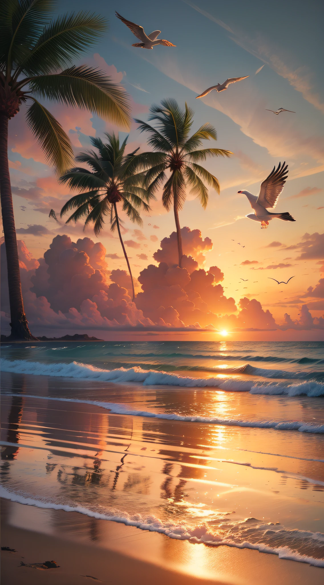 An absolutely mesmerizing sunset over the beach, with a blend of oranges, pinks, and yellows filling the sky. Crystal-clear waters of the sea gently kissing the shore, with sandy white beach stretching far and wide. The scene is dynamic and breathtaking, with seagulls soaring high in the sky and gently swaying palm trees. Take in the calming atmosphere and let the peacefulness wash over you.