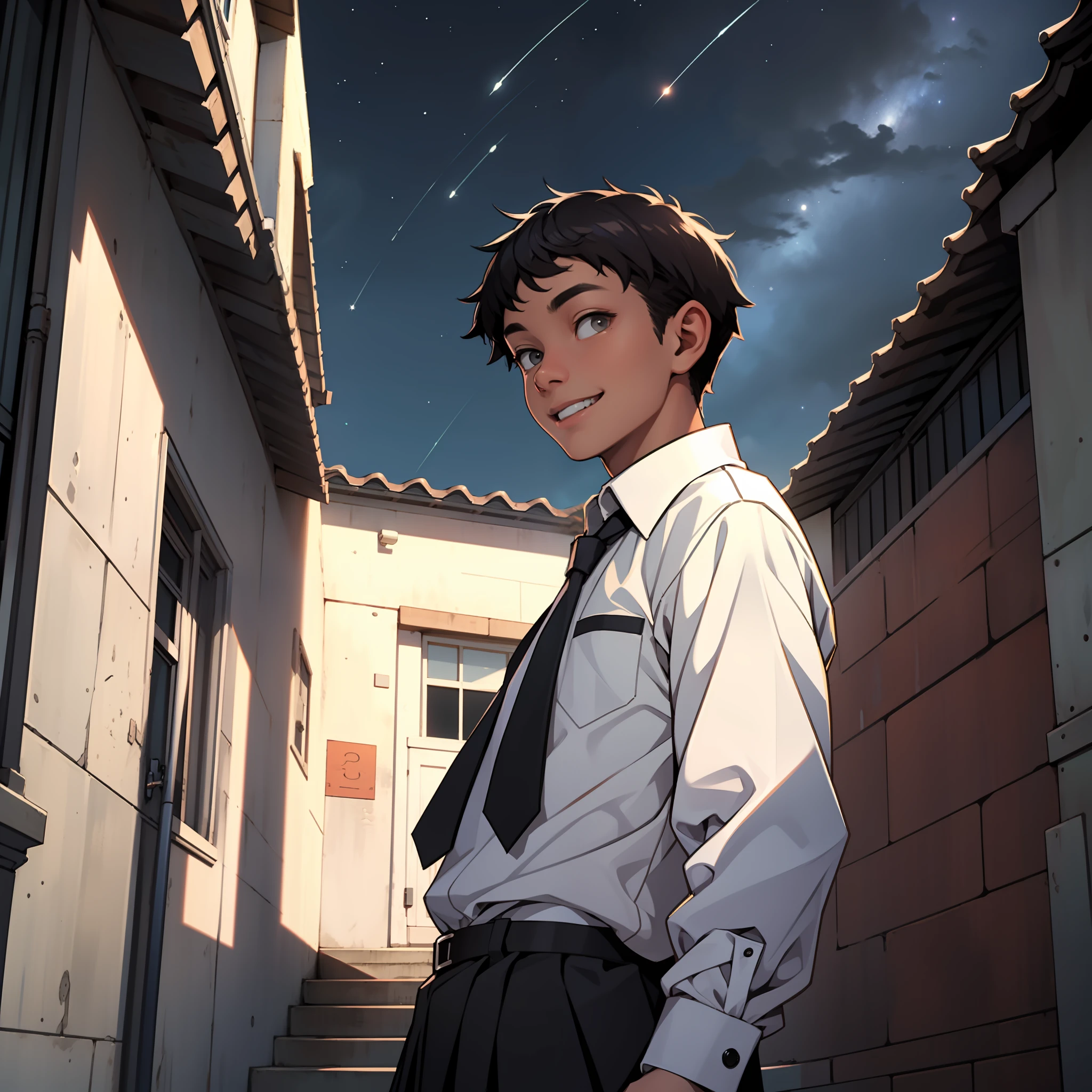 natta,starrysky,The roof of the school building,Do it,black school uniform,There is a tie,With a smile on your face,Look ahead,schoolboy --auto