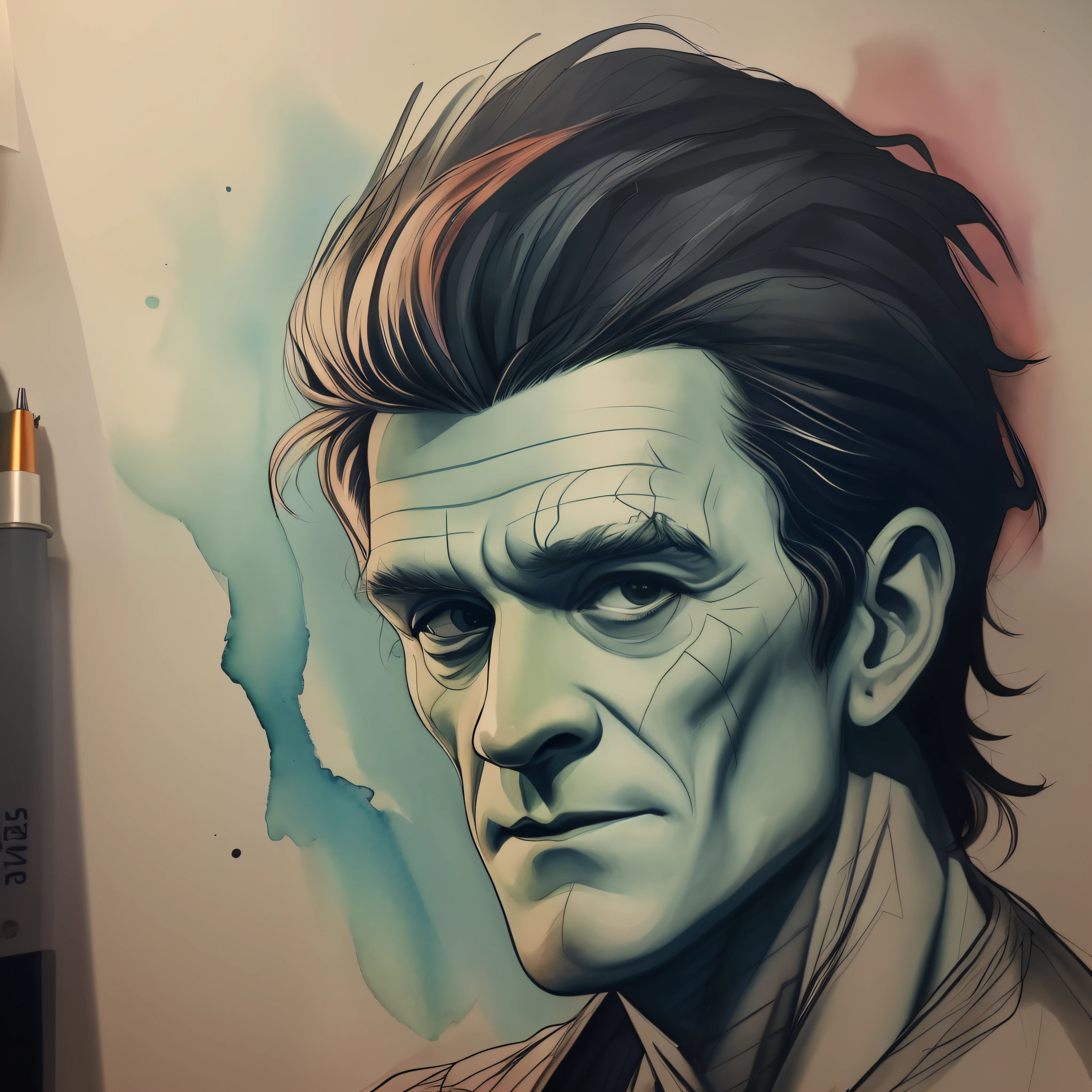 O Personagem Frankenstein em estilo aquarela, Design com qualidade de 32k, inspirada em design de camiseta, com estilo aquarela, made by DSLR Camera, enquadramento total, Centralizado, fundo branco, maximum quality, maximum details. Imagem de um excelente pintor.