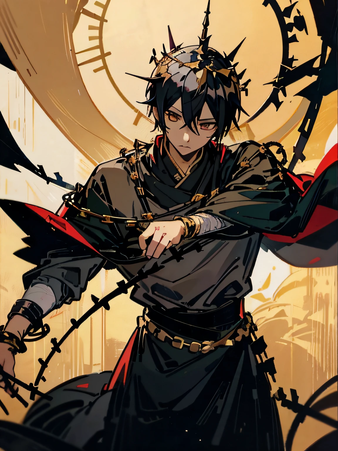 Asian male,black hair and gold eyes,A crown with a crown of thorns